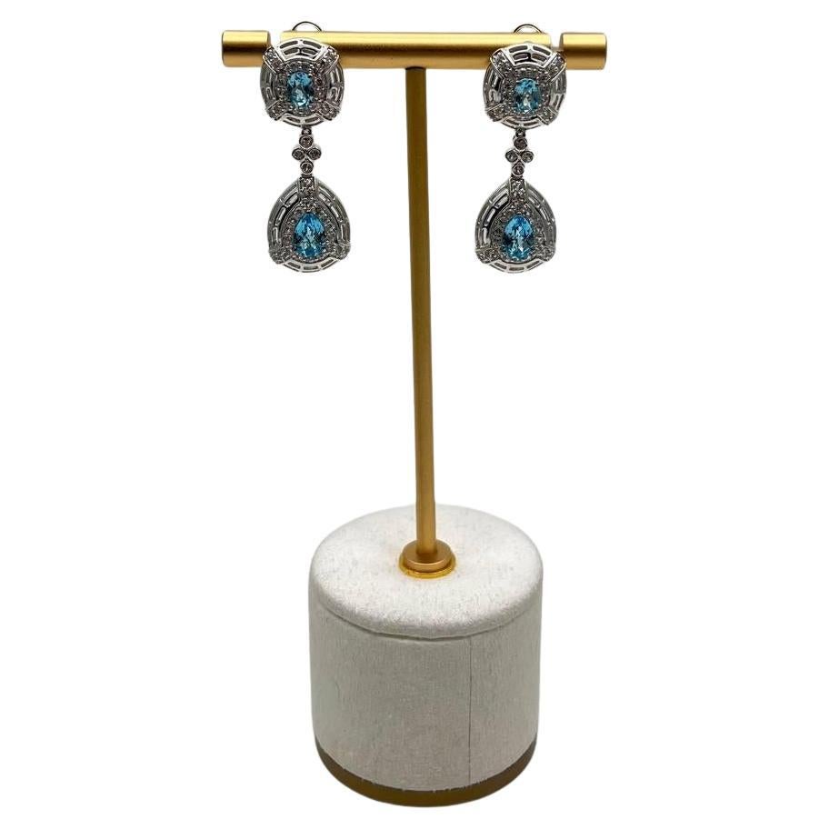 Fancy Blue Topaz White Diamond Halo 14K White Gold Fancy Drop Lattice Earrings For Sale