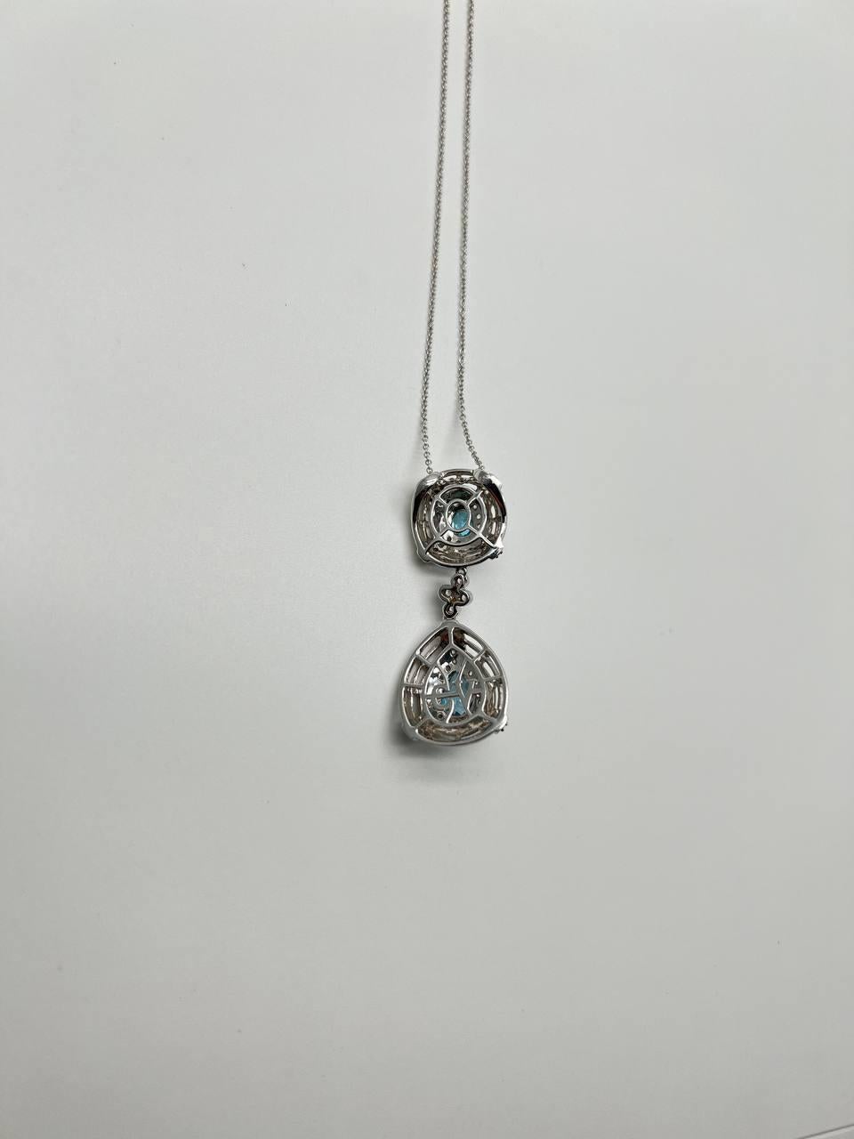 Round Cut Fancy Blue Topaz White Diamond Halo 14K White Gold Fancy Drop Pendant Necklace For Sale