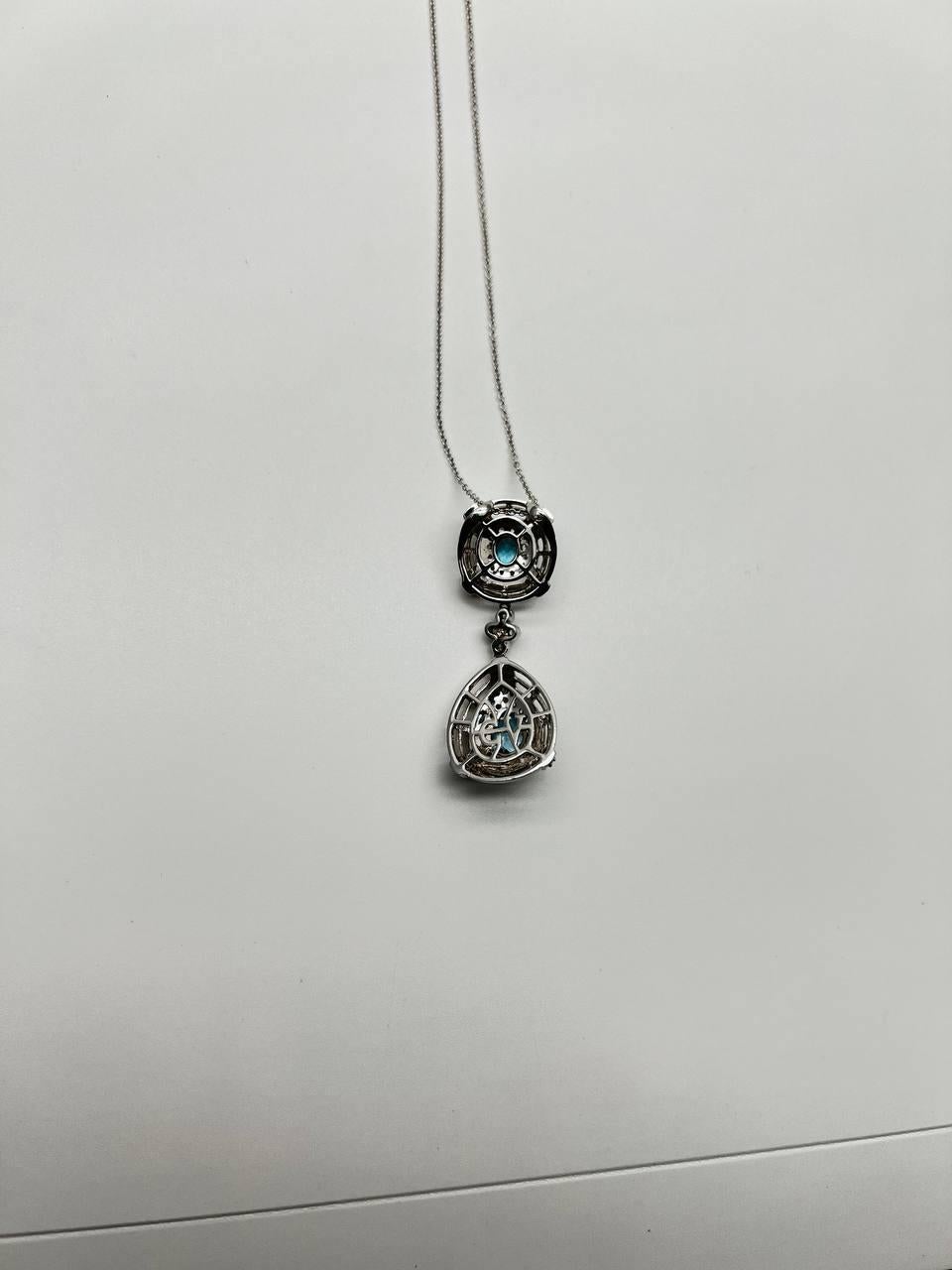 Fancy Blue Topaz White Diamond Halo 14K White Gold Fancy Drop Pendant Necklace In New Condition For Sale In Oakton, VA