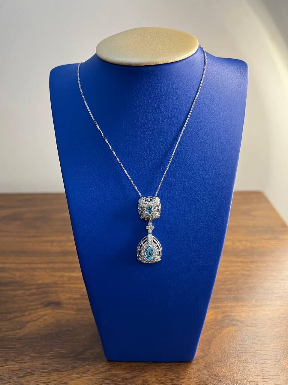 Women's Fancy Blue Topaz White Diamond Halo 14K White Gold Fancy Drop Pendant Necklace For Sale