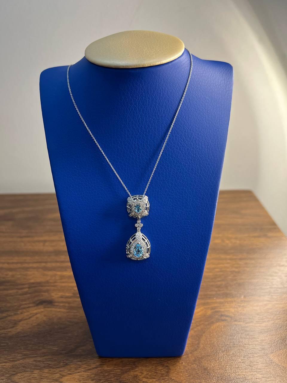 Fancy Blue Topaz White Diamond Halo 14K White Gold Fancy Drop Pendant Necklace For Sale 1