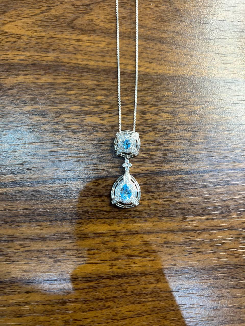 Fancy Blue Topaz White Diamond Halo 14K White Gold Fancy Drop Pendant Necklace For Sale 2
