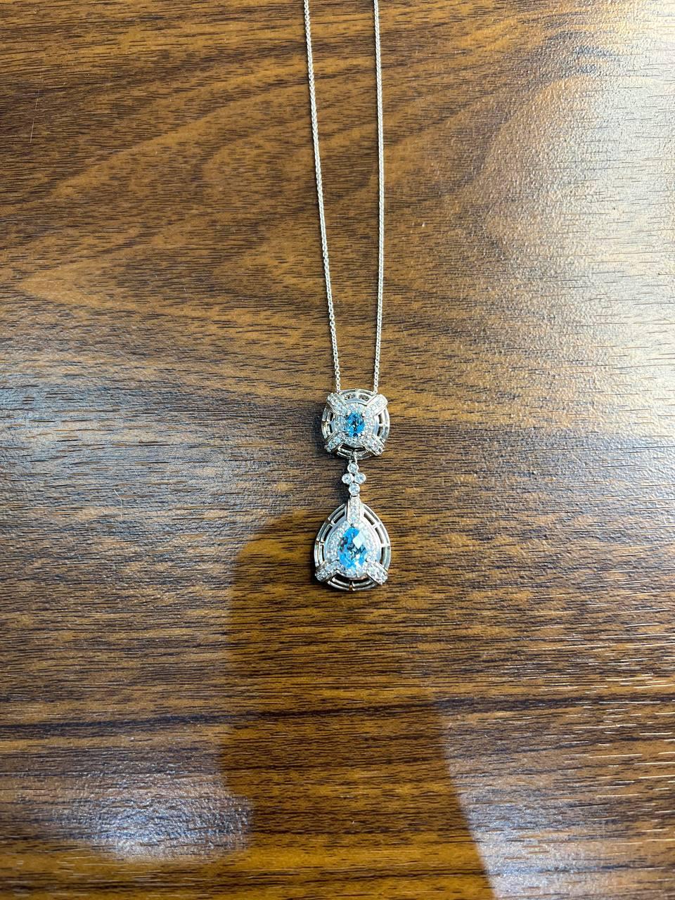 Fancy Blue Topaz White Diamond Halo 14K White Gold Fancy Drop Pendant Necklace For Sale 3