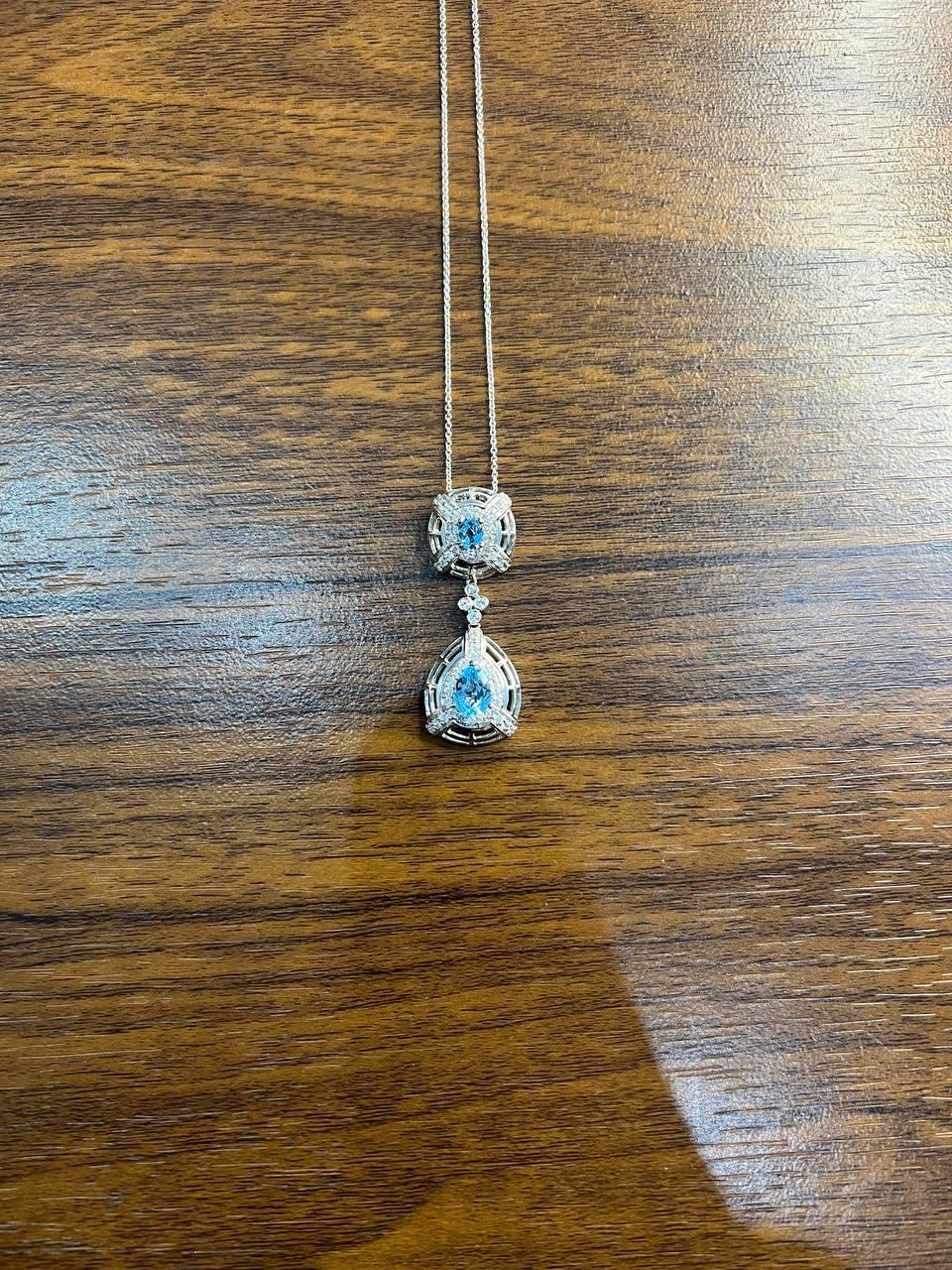 Fancy Blue Topaz White Diamond Halo 14K White Gold Fancy Drop Pendant Necklace For Sale 4