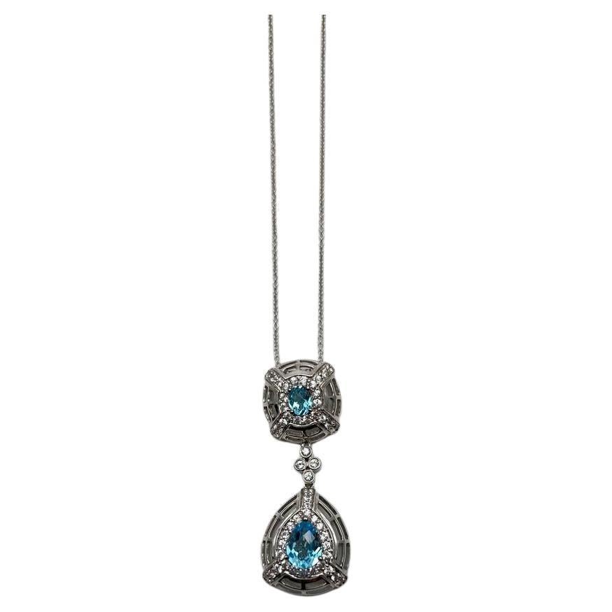 Fancy Blue Topaz White Diamond Halo 14K White Gold Fancy Drop Pendant Necklace