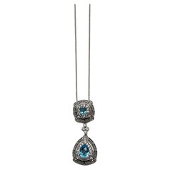 Halskette mit Fancy-Tropfen-Anhänger, blauer Topas, weißer Diamant, Halo, 14K Weißgold