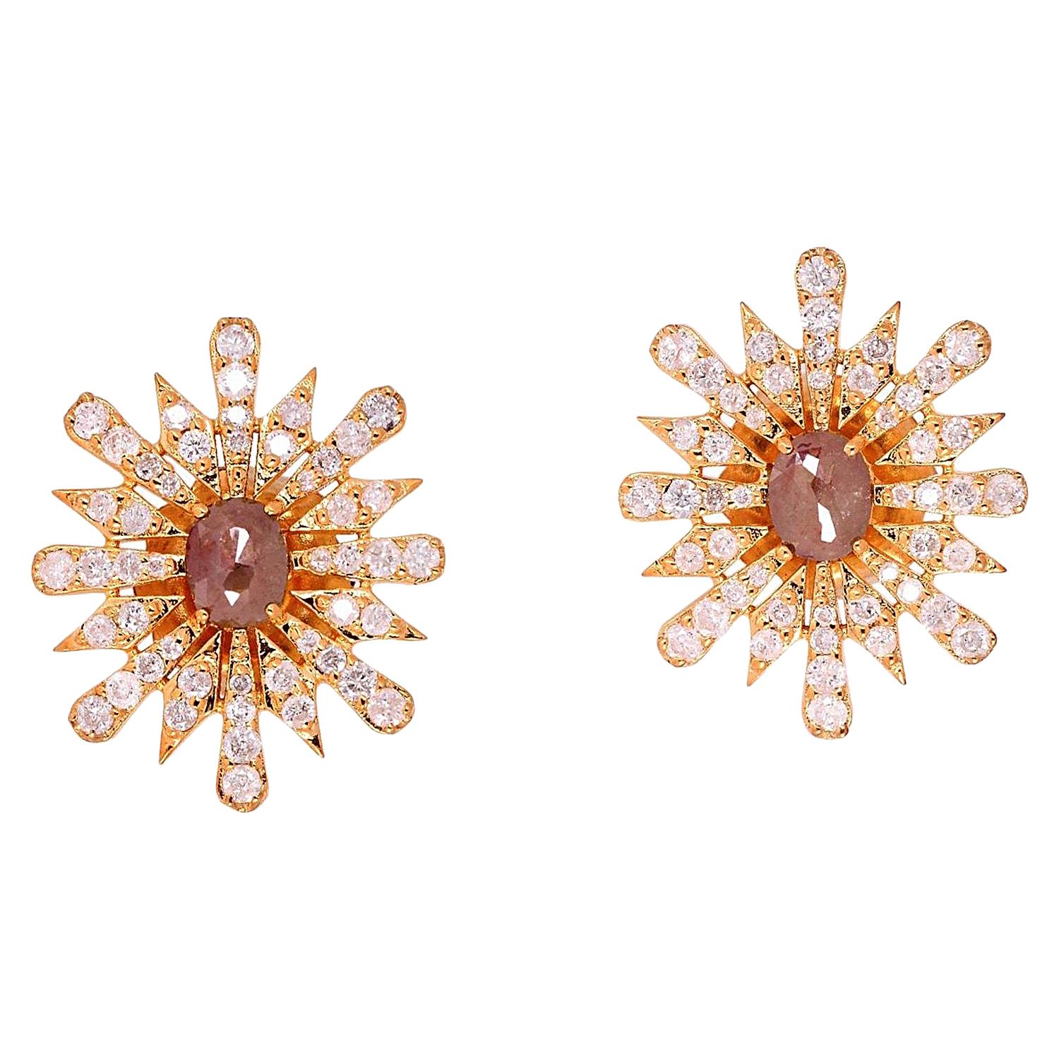 Fancy Diamond 18 Karat Gold Starburst Stud Earrings