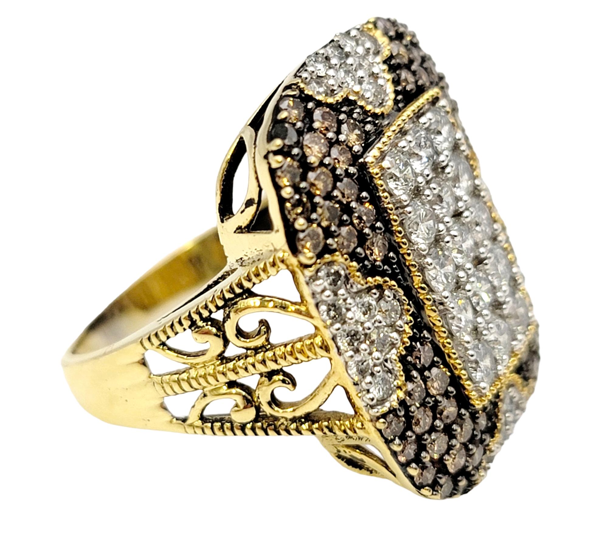 Contemporary Fancy Brown and White Diamond Tablet Cocktail Ring in Yellow and White 18K Gold  For Sale