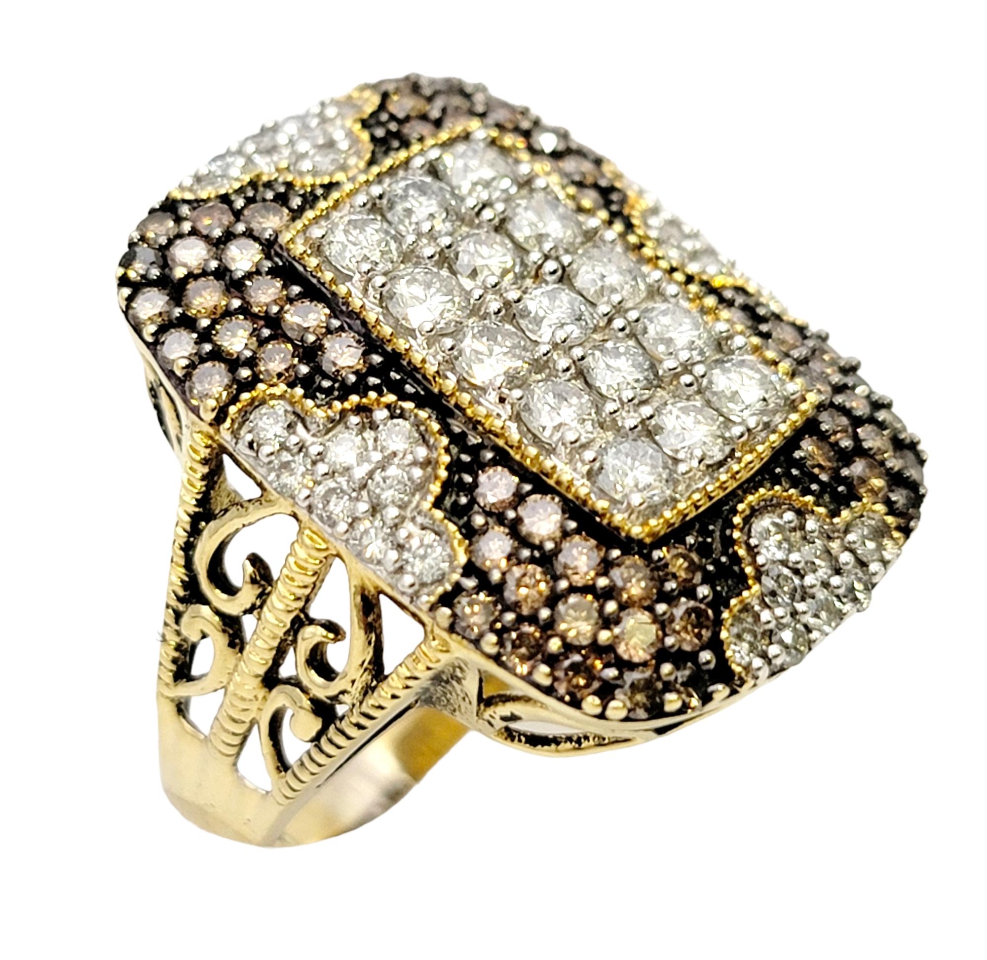 Round Cut Fancy Brown and White Diamond Tablet Cocktail Ring in Yellow and White 18K Gold  For Sale