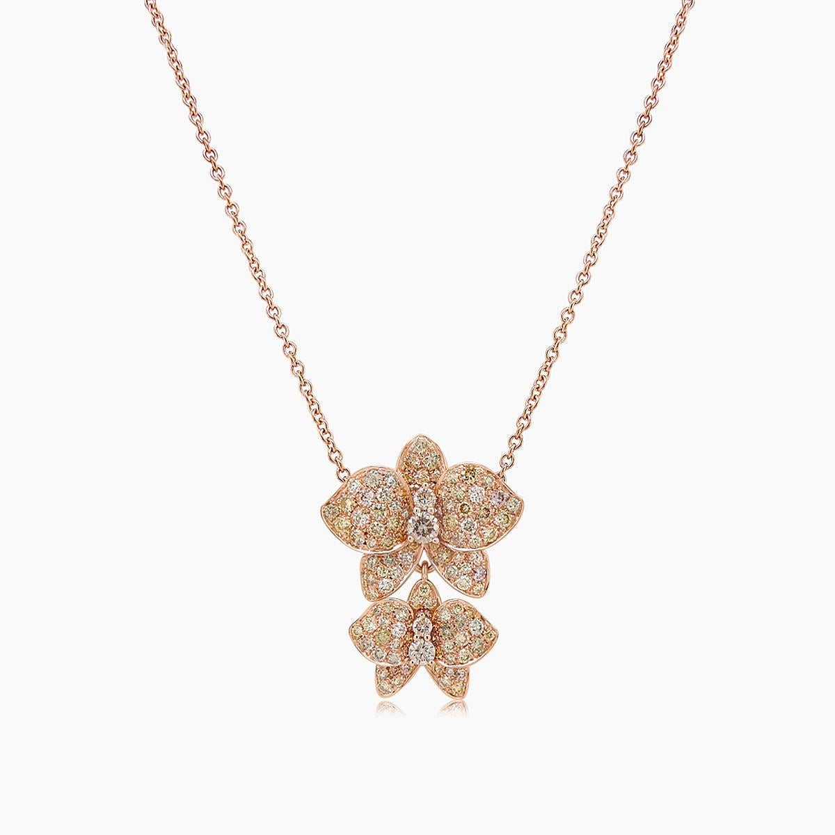 Fancy & Brown Diamond Floral Petals 18K Rose Gold Schmetterling Anhänger Halskette (Gemischter Schliff) im Angebot