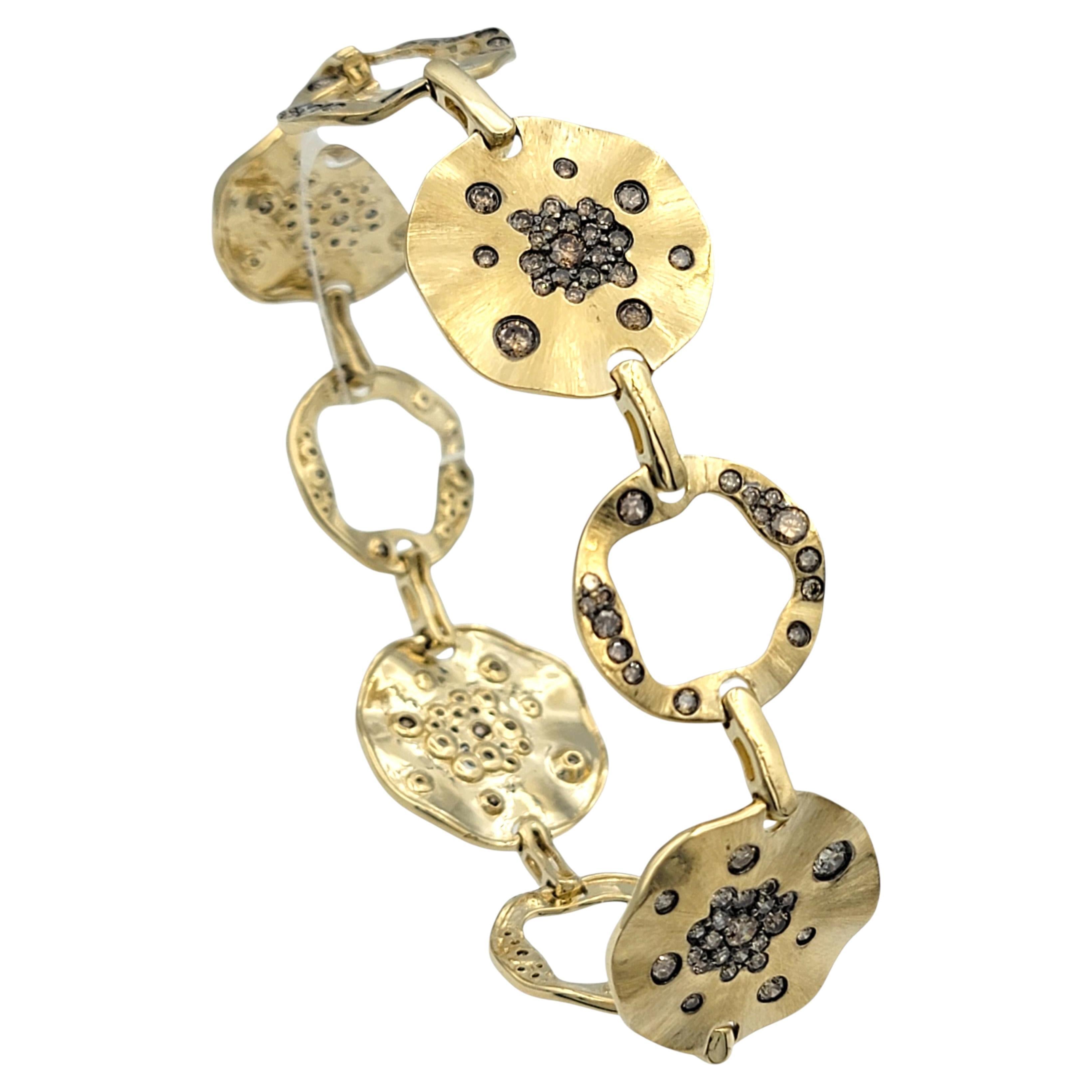 Fancy Brown Diamond Hammered Disc Link Bracelet in 14 Karat Yellow Gold For Sale