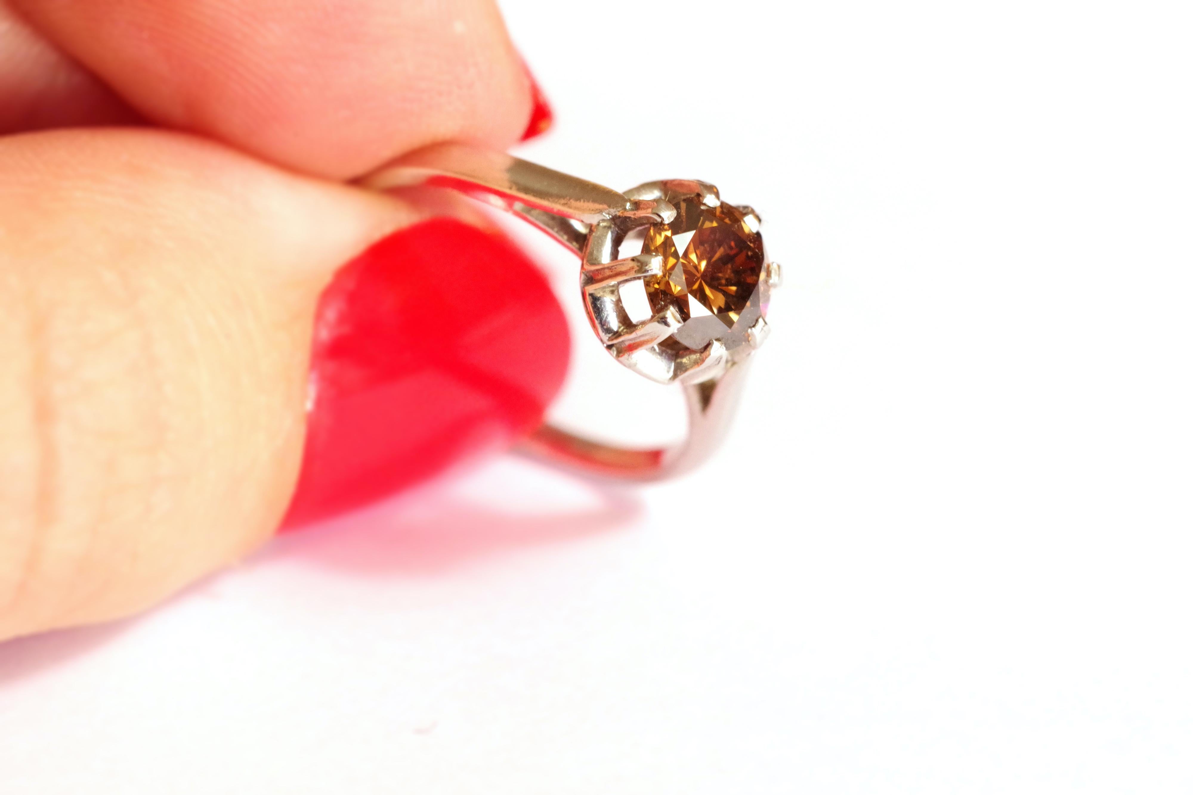 Brilliant Cut Fancy Brown Diamond Solitaire Ring in Platinum, Art Deco Setting For Sale