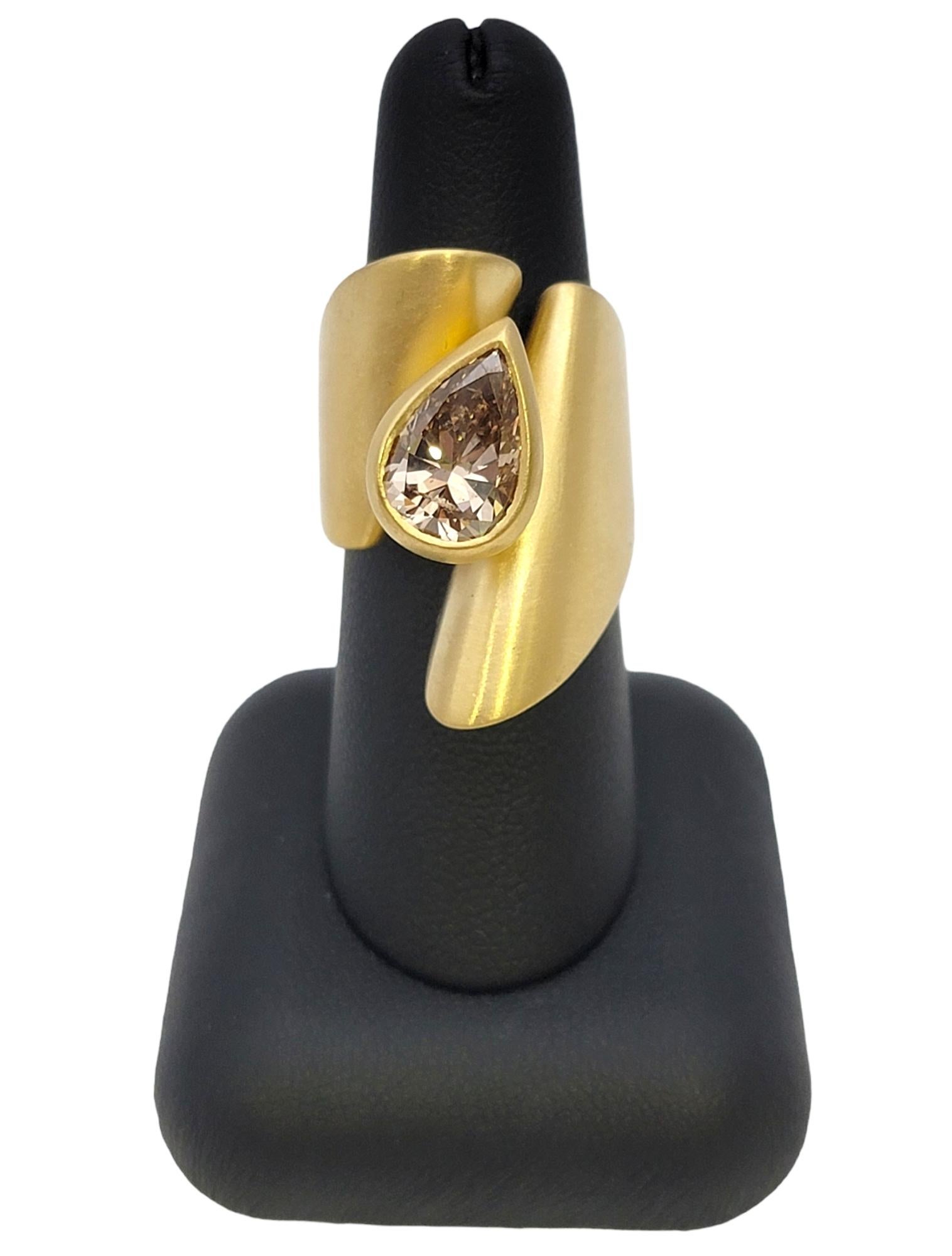 Fancy Brown Pear Shaped Diamond  Brushed Gold Contemporary Bypass Cocktail Ring For Sale 10