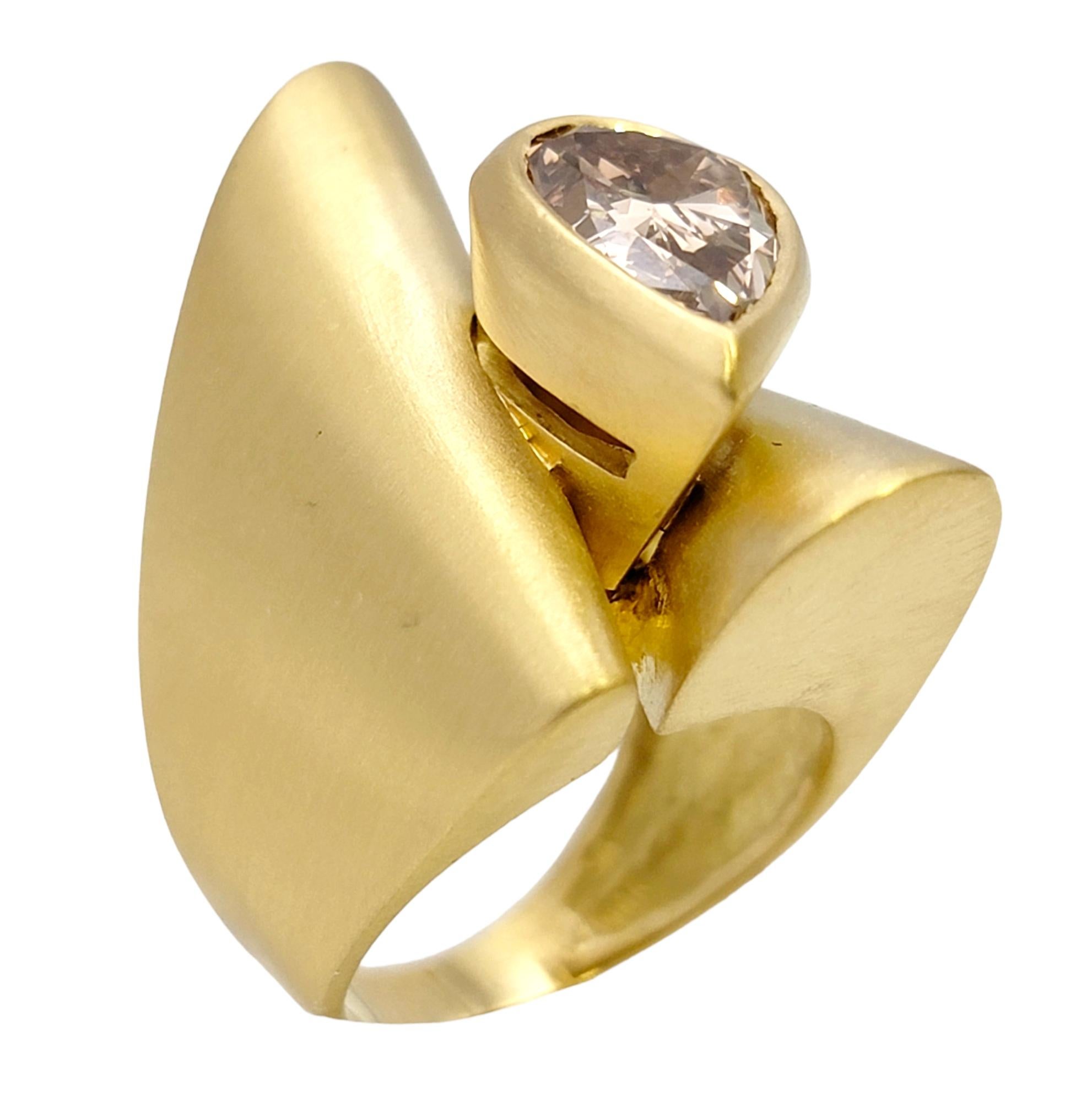 Fancy Brown Pear Shaped Diamond  Brushed Gold Contemporary Bypass Cocktail Ring In Good Condition For Sale In Scottsdale, AZ