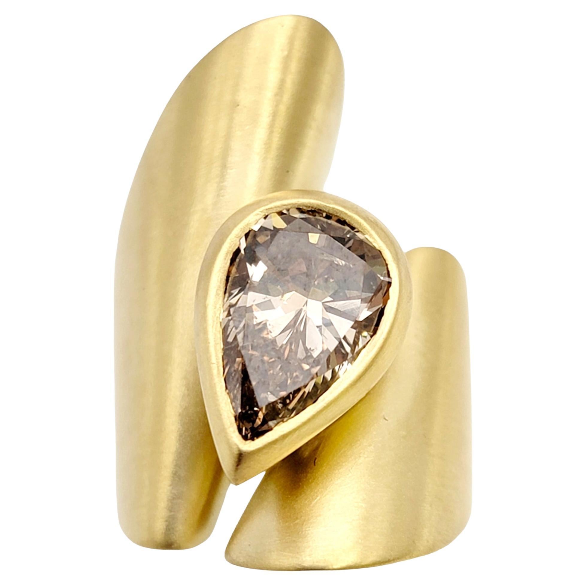 Fancy Brown Pear Shaped Diamond  Brushed Gold Contemporary Bypass Cocktail Ring For Sale