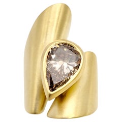 Fancy Brown Pear Shaped Diamond  Brushed Gold Contemporary Bypass Cocktail Ring