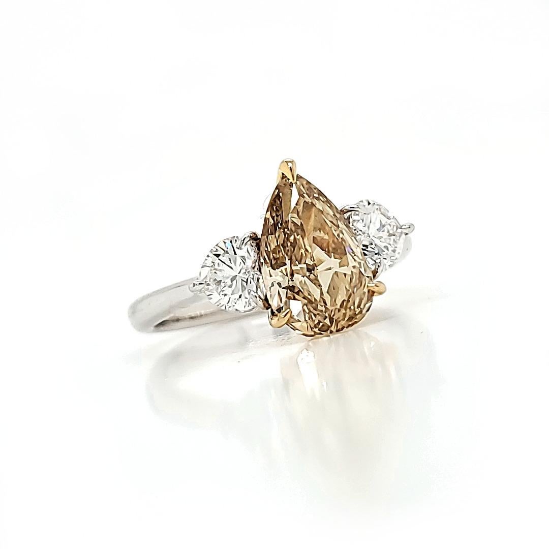 Contemporary Fancy Brown-Yellow Dia Pearshape Engagement Ring Carats 2.05 For Sale
