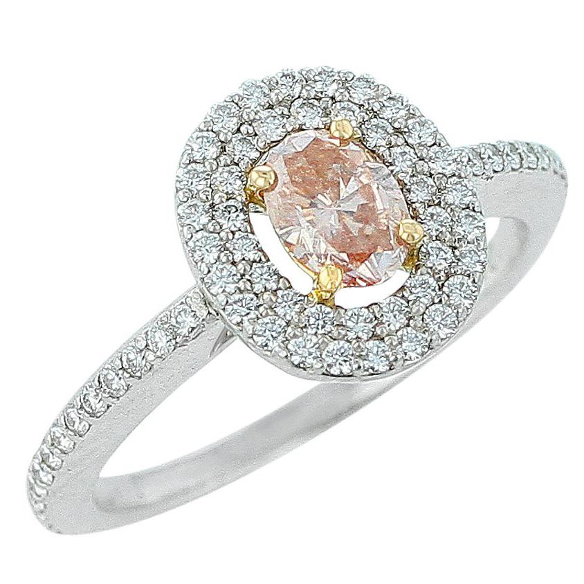 Fancy Brownish Orangy Pink Diamond Halo Ring, Platinum