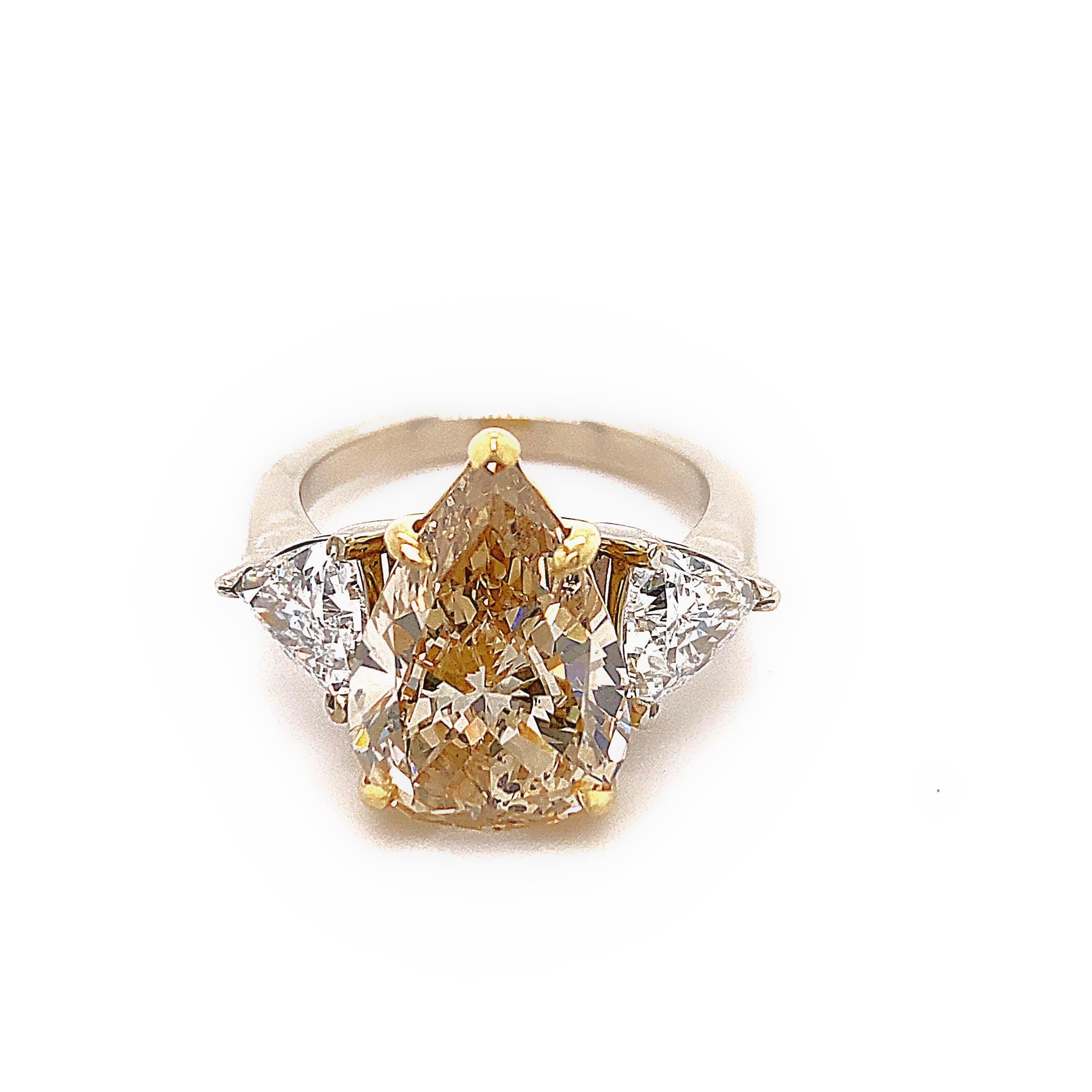 Fancy Brownish Yellow Pear Shape Trillions Diamond 6.52 Tcw Engagement Ring For Sale 2