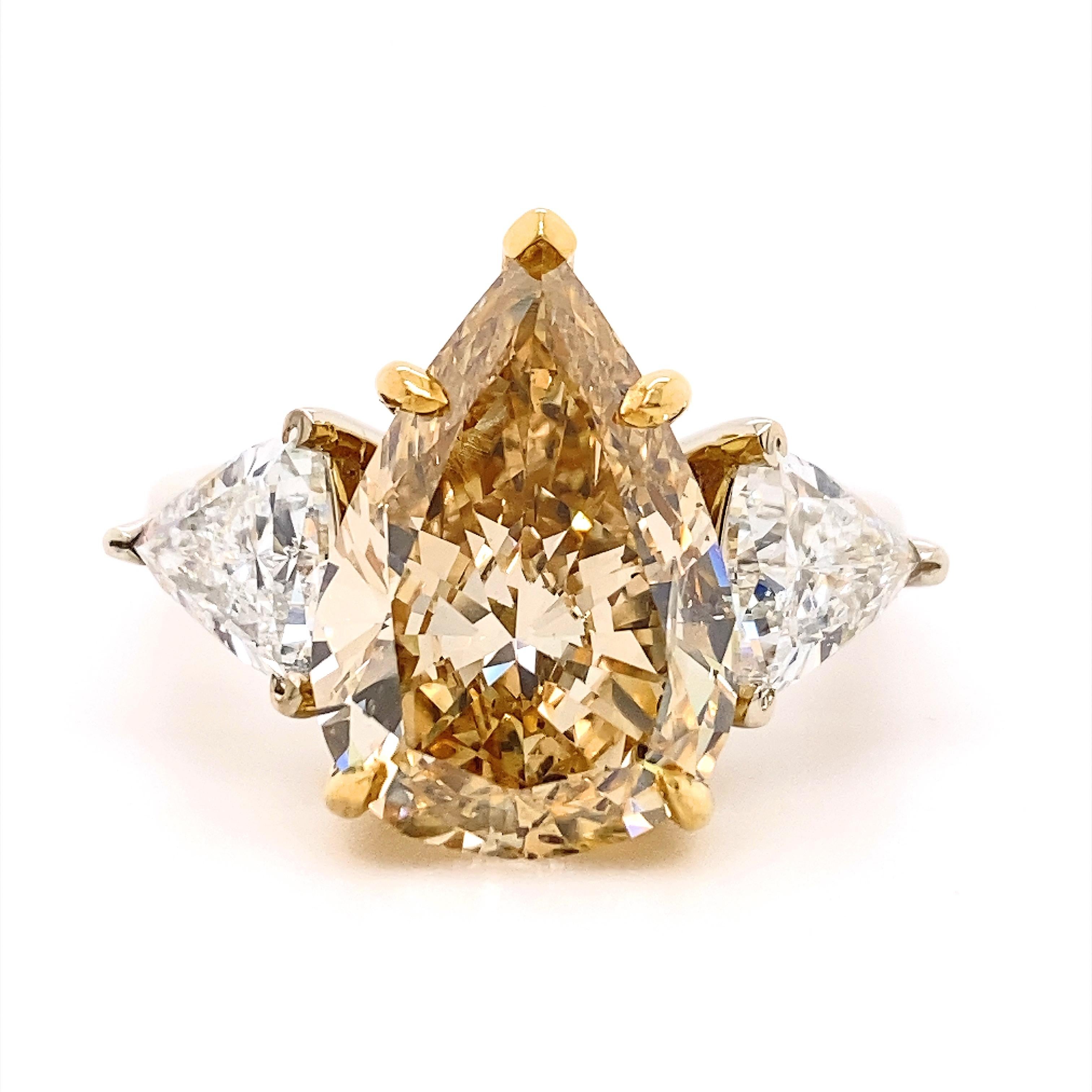 Fancy Brownish Yellow Pear Shape Trillions Diamond 6.52 Tcw Engagement Ring For Sale 4