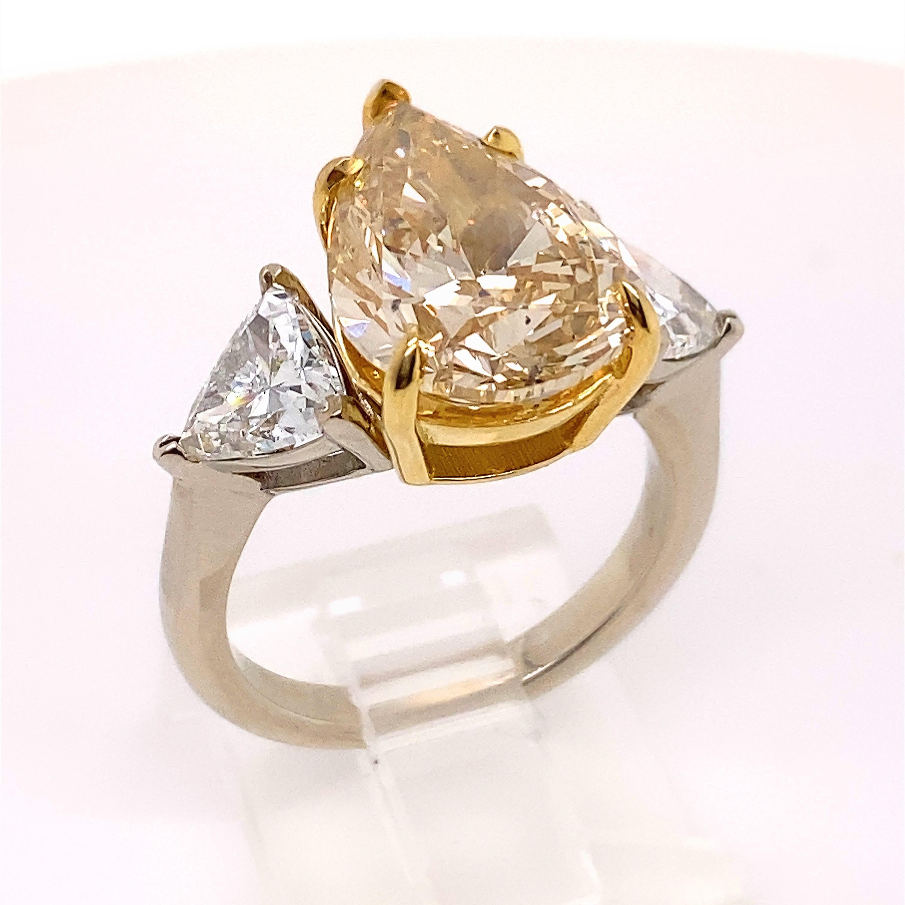Fancy Brownish Yellow Pear Shape Trillions Diamond 6.52 Tcw Engagement Ring For Sale 5
