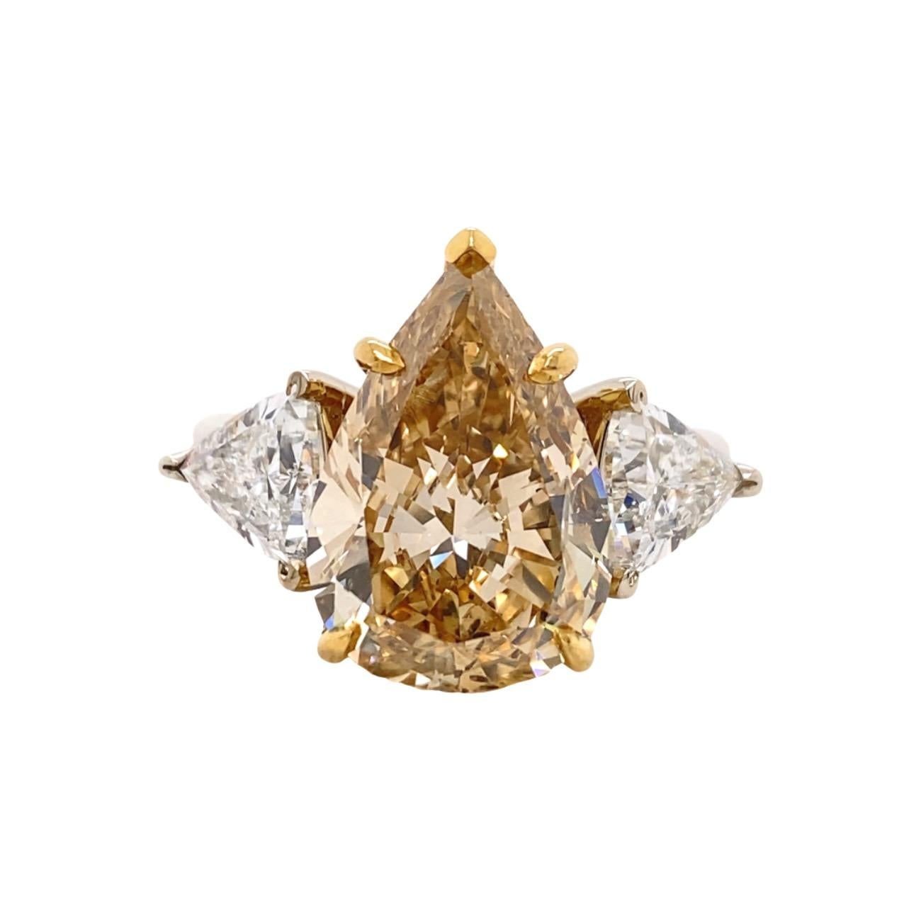 Fancy Brownish Yellow Pear Shape Trillions Diamond 6.52 Tcw Engagement Ring For Sale 6