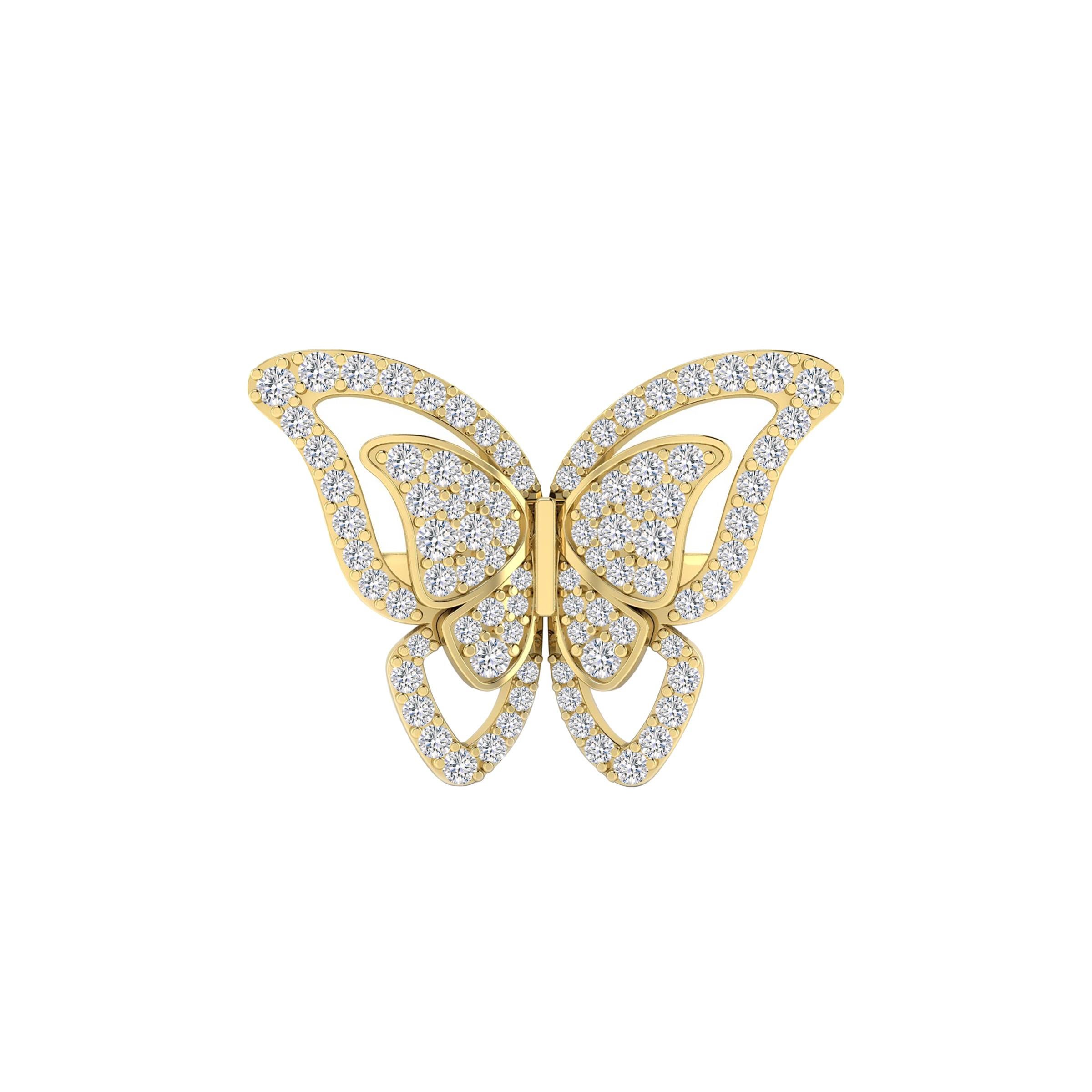 Ausgefallener Schmetterlings-Cocktailring mit Diamant aus 18 Karat Gelbgold (Rundschliff) im Angebot