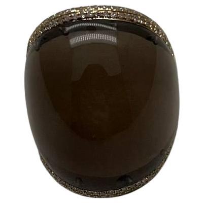 Fancy Cabochon Shape Smooth Brown Smoky Quartz 14K Gold Diamonds Channel Ring