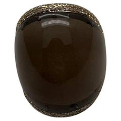 Fancy Cabochon Shape Smooth Brown Smoky Quartz 14K Gold Diamonds Channel Ring