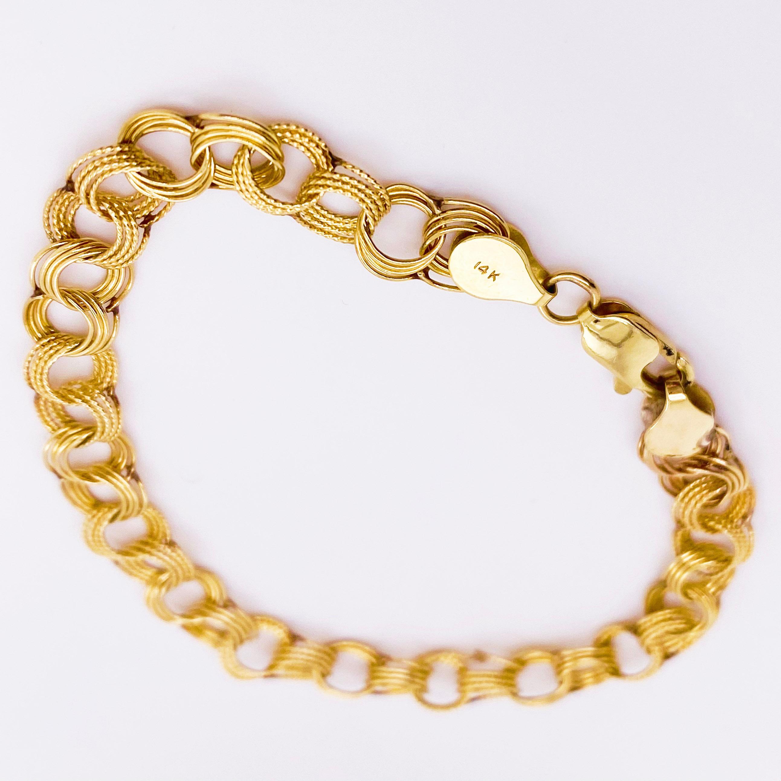 Fancy Charm Bracelet, 14 Karat Yellow Gold, Handmade Estate, Link Bracelet In New Condition In Austin, TX