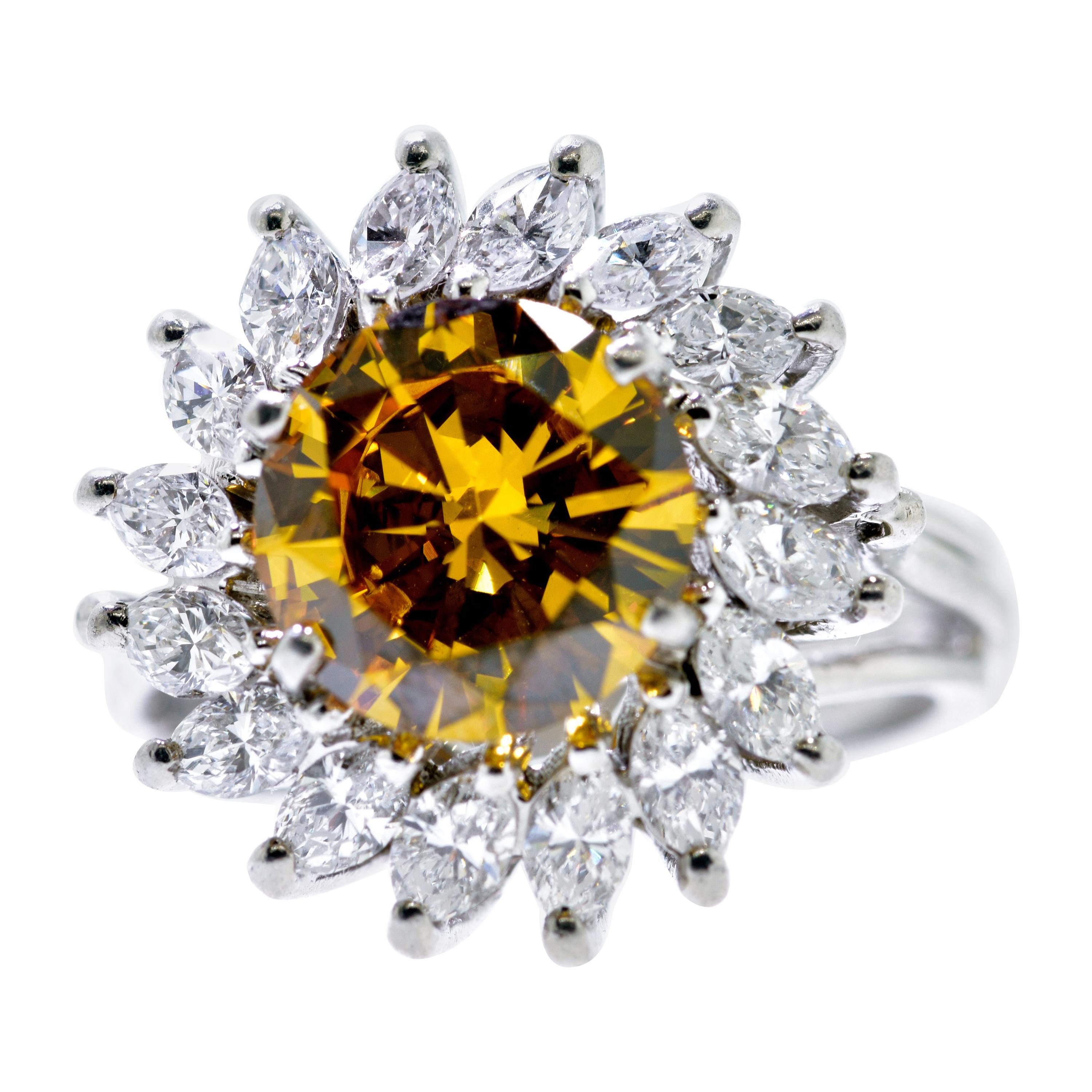 Fancy Cognac Diamond, 2.68 Carat Surrounded by White Diamond in a Platinum Ring