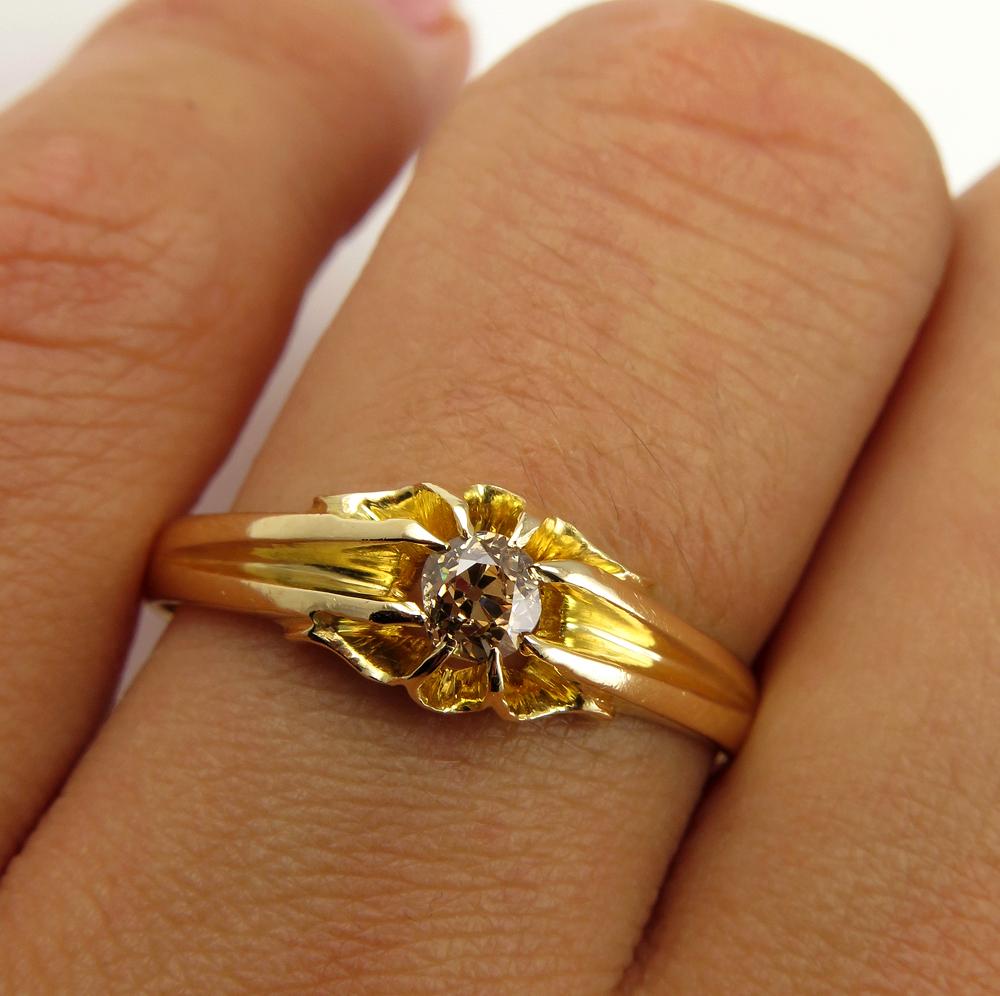 Fancy Cognac Old Mind Cushion Diamond Solitaire Engagement, Wedding Yellow Gold 4