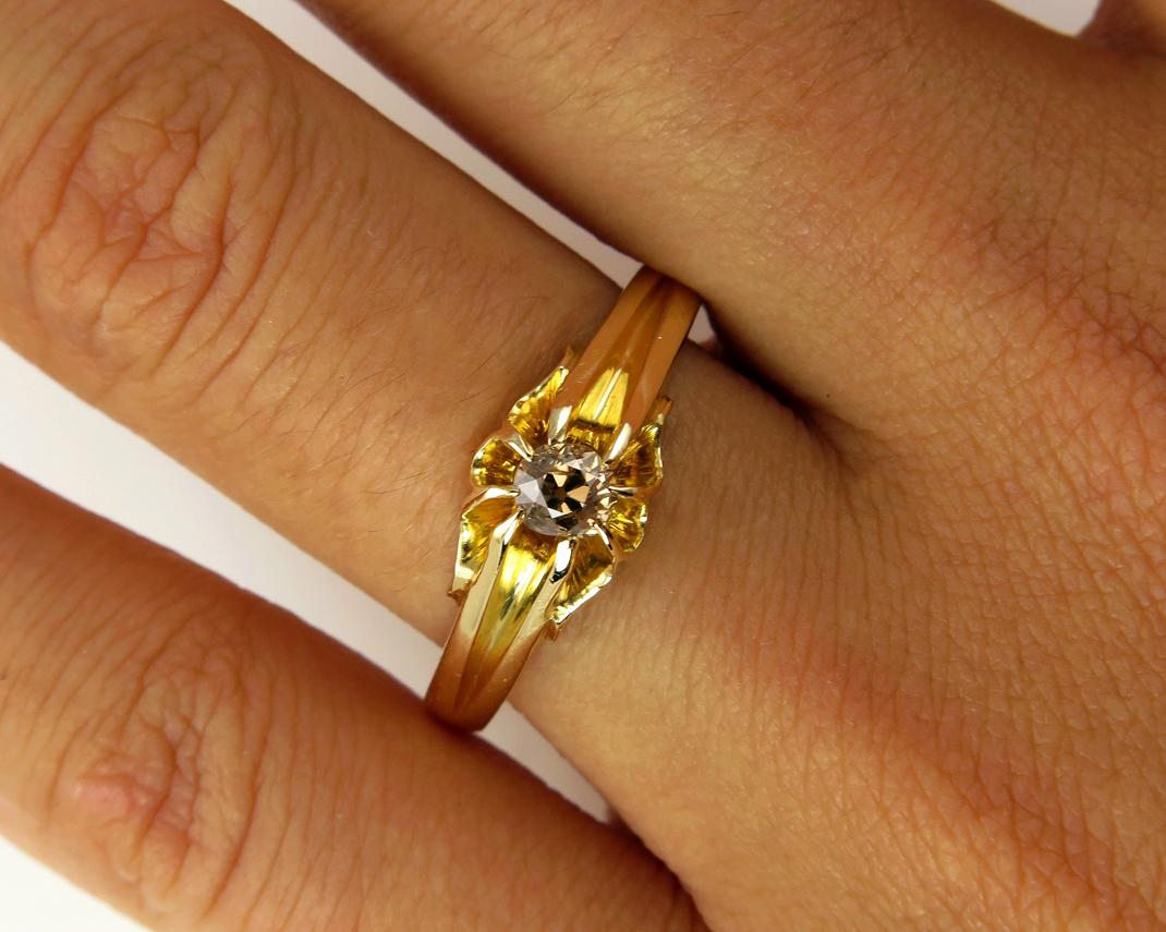 Fancy Cognac Old Mind Cushion Diamond Solitaire Engagement, Wedding Yellow Gold 2
