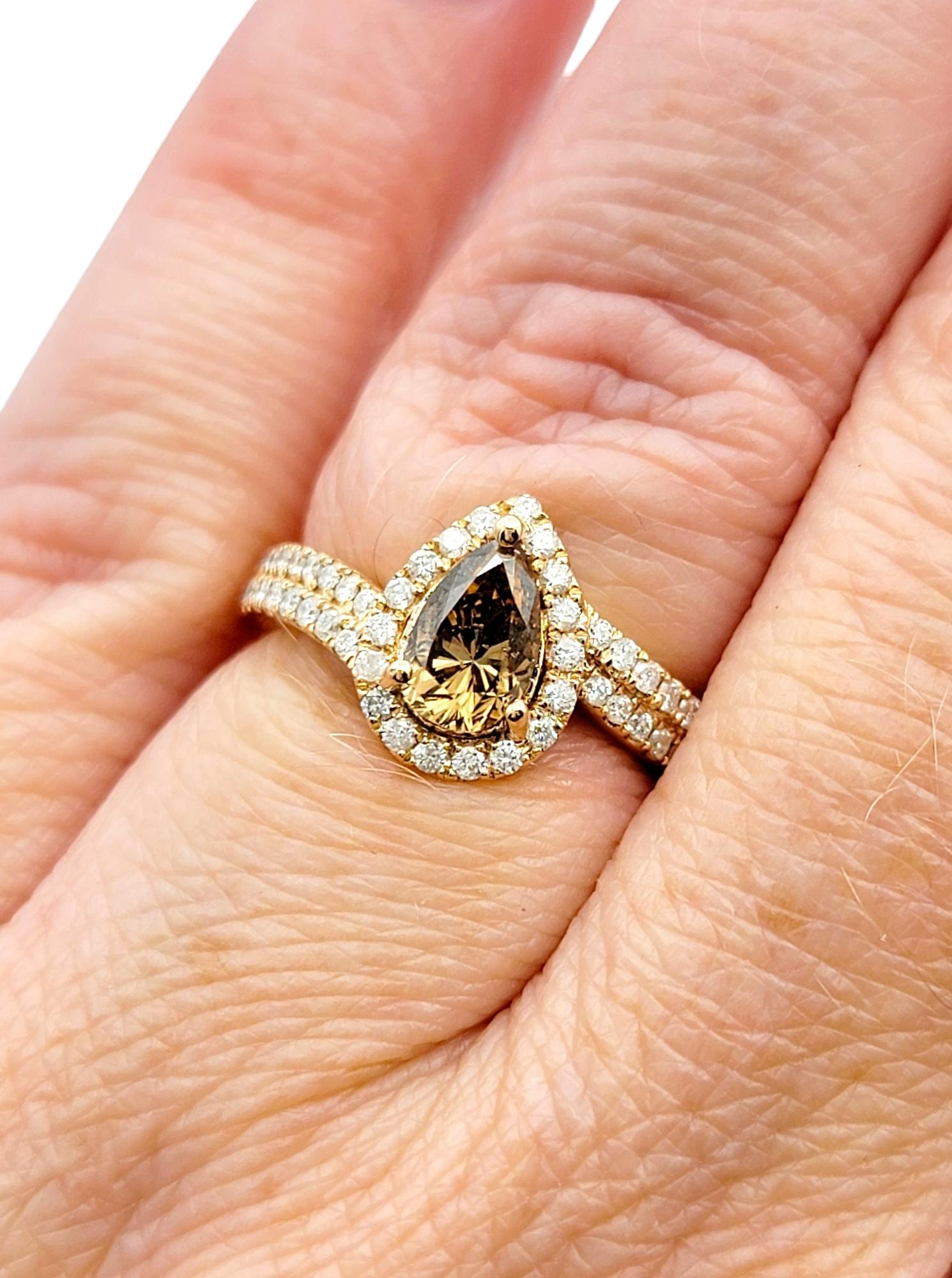 Fancy Cognac Pear Diamond Ring with Halo and Two-Row Diamond Shank 14K Rose Gold For Sale 5