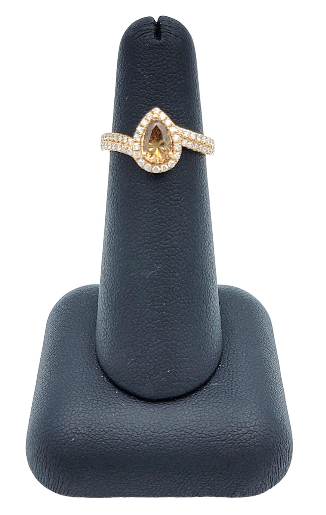 Fancy Cognac Pear Diamond Ring with Halo and Two-Row Diamond Shank 14K Rose Gold For Sale 6