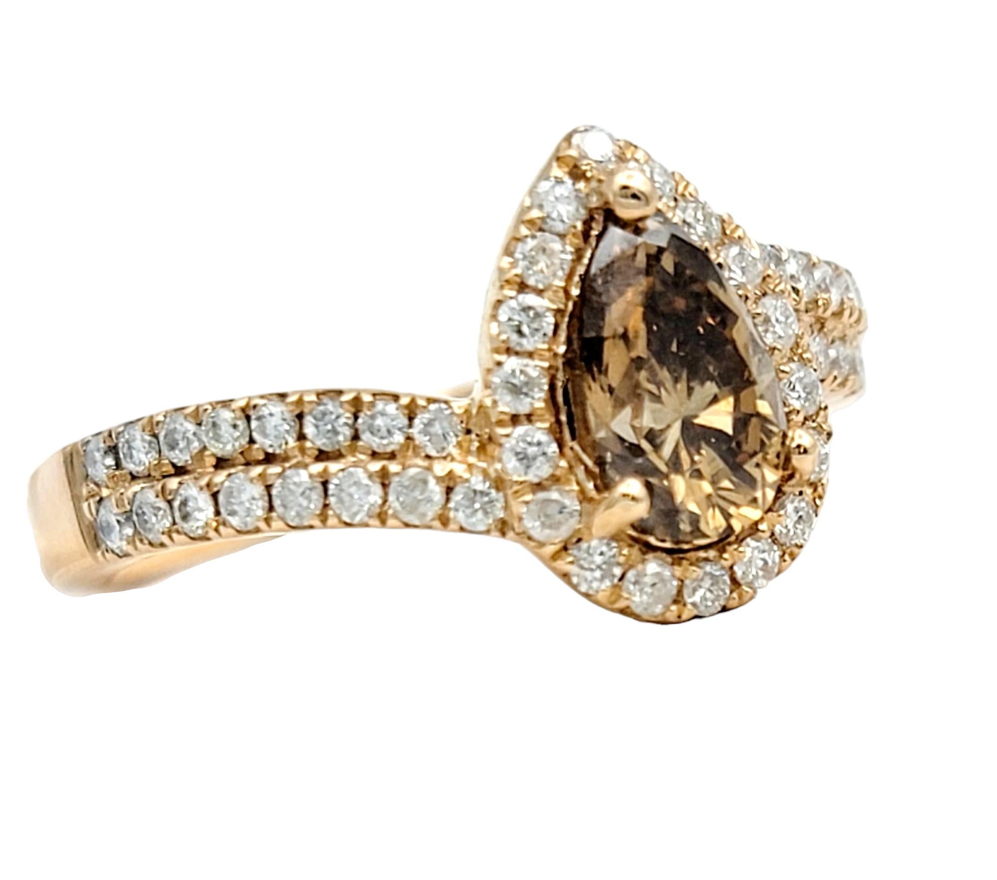 Contemporary Fancy Cognac Pear Diamond Ring with Halo and Two-Row Diamond Shank 14K Rose Gold For Sale