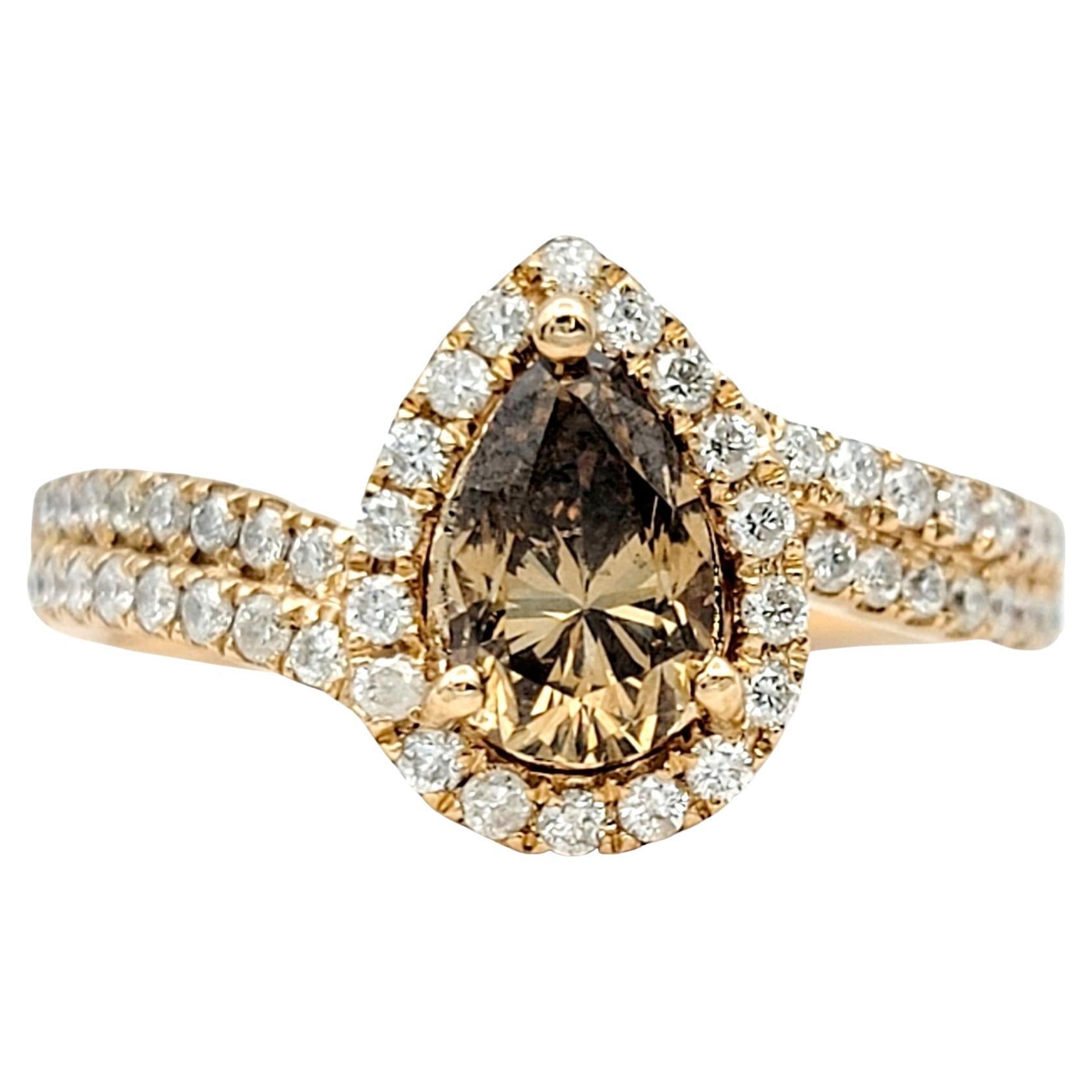 Fancy Cognac Pear Diamond Ring with Halo and Two-Row Diamond Shank 14K Rose Gold For Sale