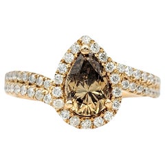 Fancy Cognac Pear Diamond Ring with Halo and Two-Row Diamond Shank 14K Rose Gold