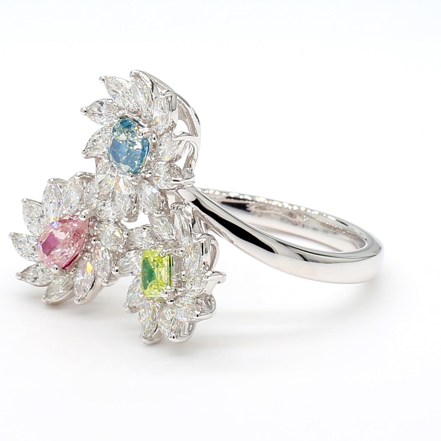 MDJ JEWELS Fancy Color 1.52 Carats Blue, Pink, Green Unique Diamond Ring 18K WG 3