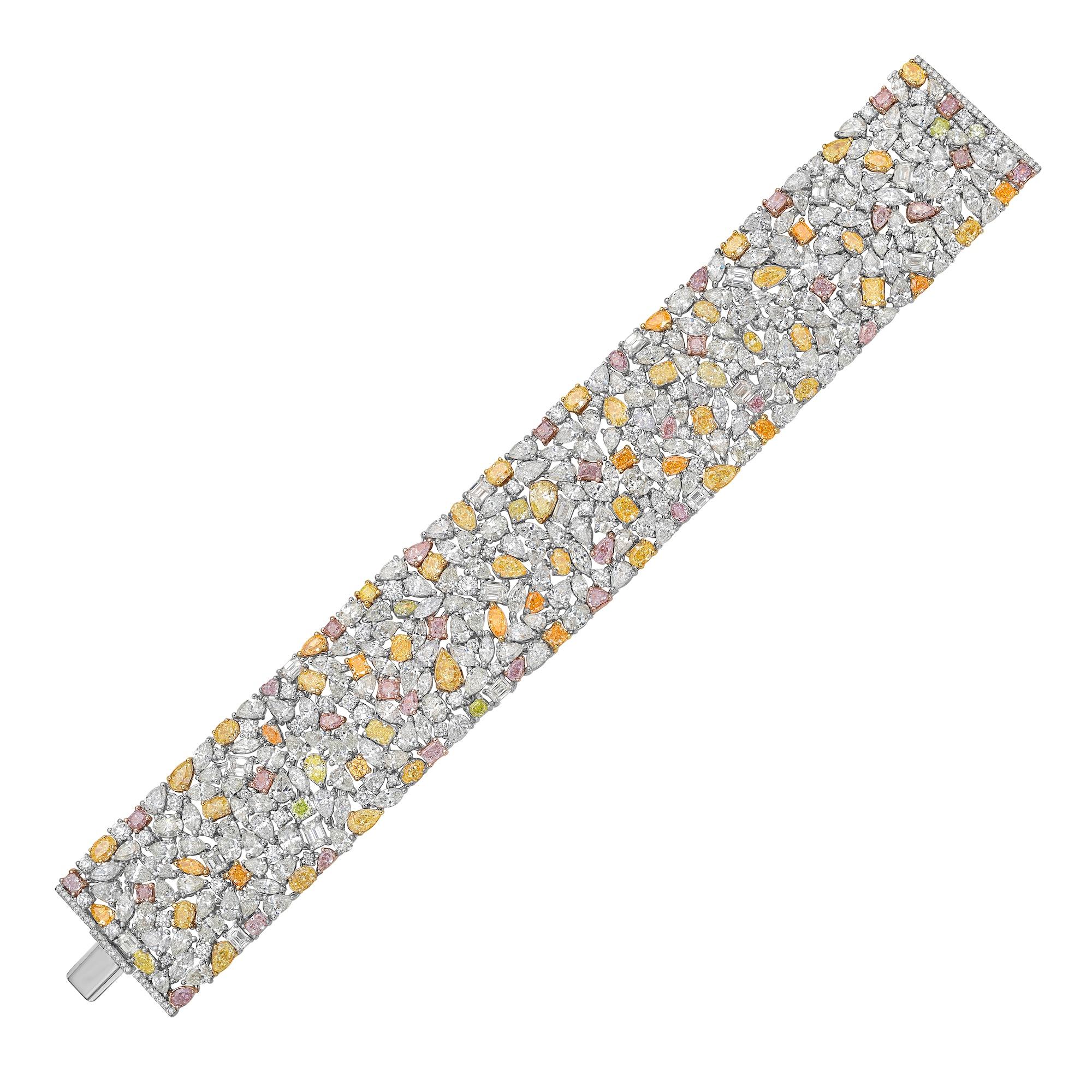 Taglio misto Bracciale a tappeto con diamanti bianchi e di colore fantasia in vendita