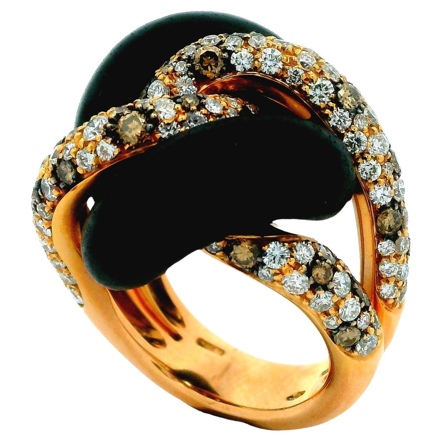 Fancy Color and White Diamond Pave Exotic Wood 18K Rose Gold Statement Ring  For Sale