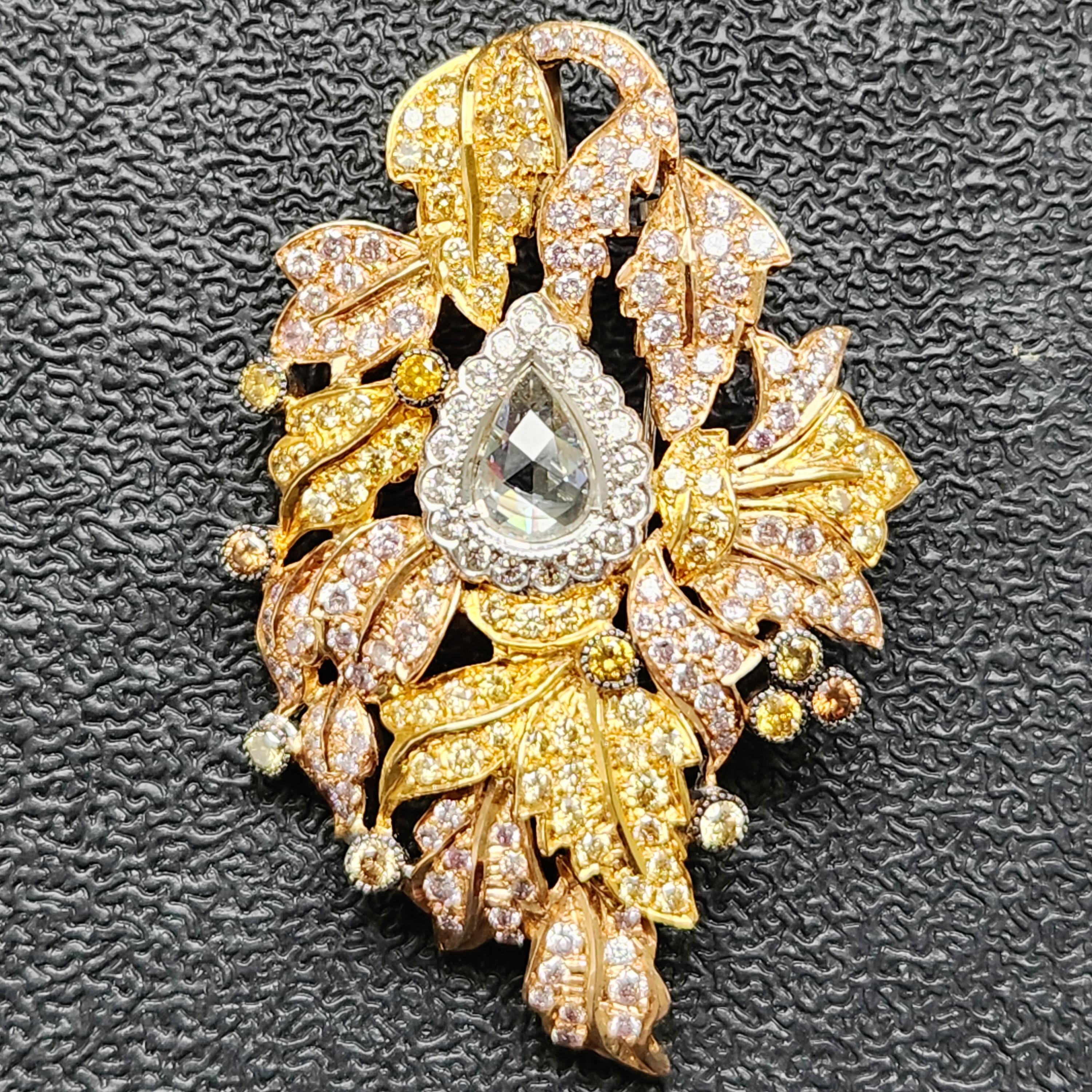 Pear Cut Fancy Color Art Deco Pendant Brooch with Natural Pink and Yellow Diamonds For Sale