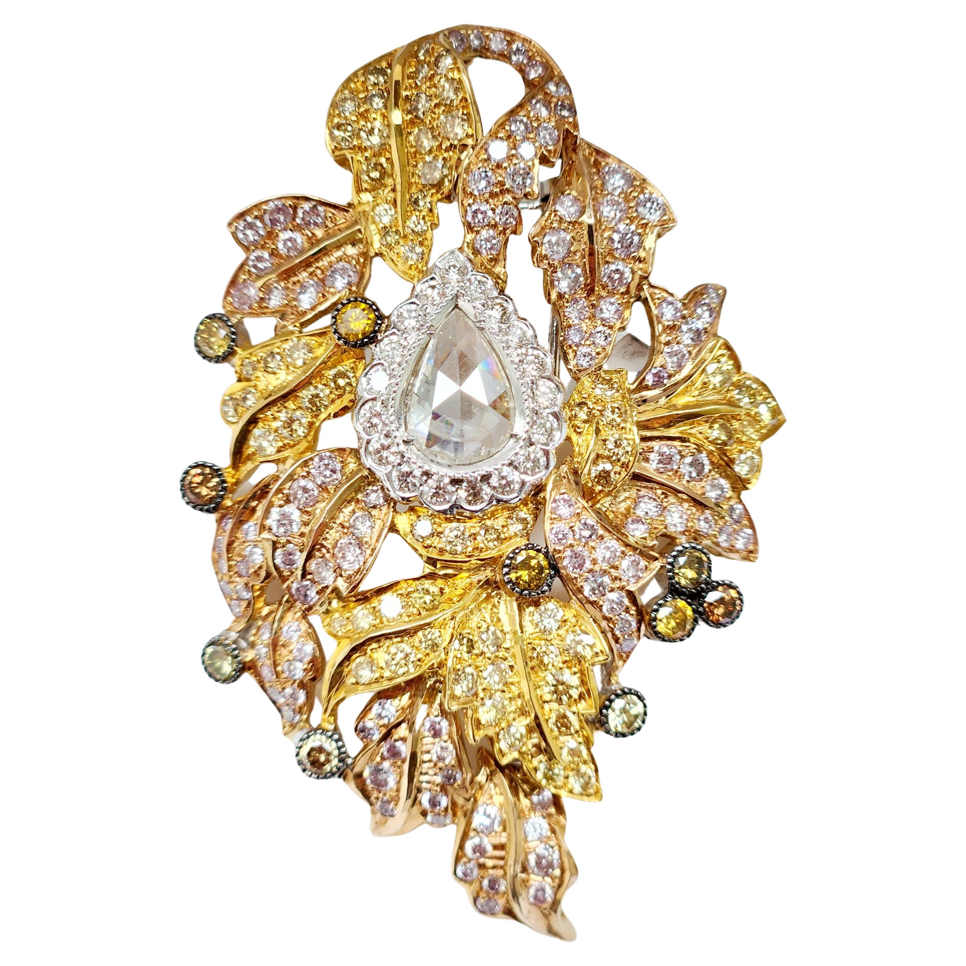 Fancy Color Art Deco Pendant Brooch with Natural Pink and Yellow Diamonds For Sale