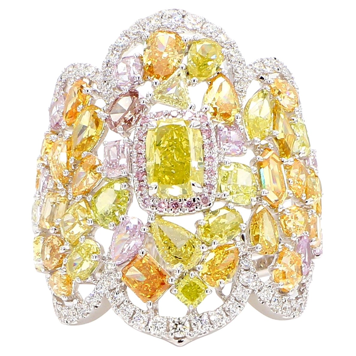 Fancy Color Cluster Dome Ring 6.76 Carats of Pink Green Orange Dia *1 of a Kind*