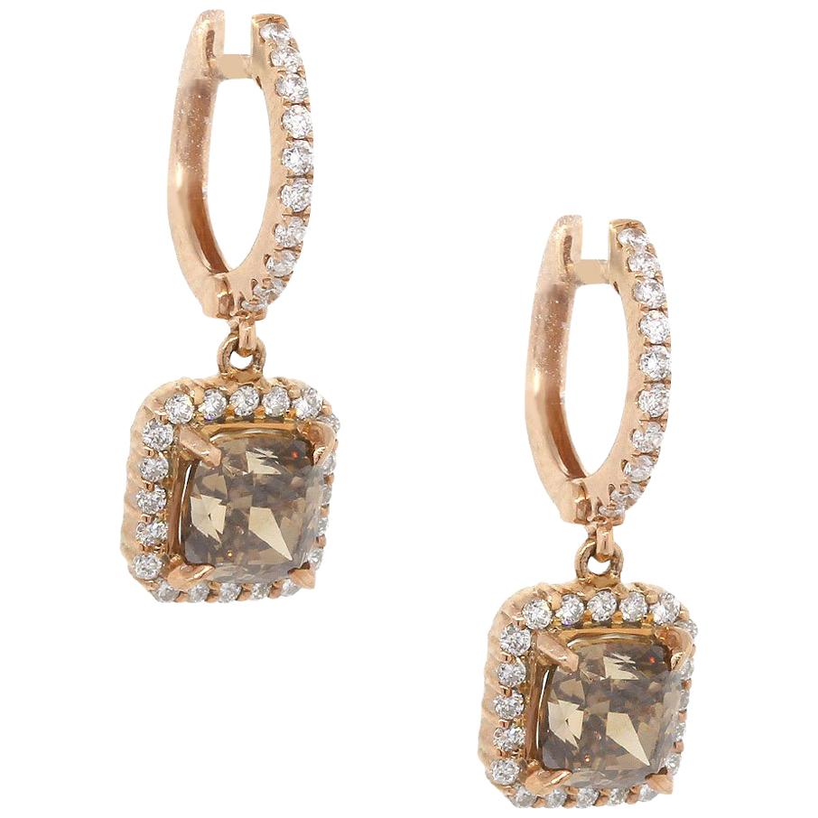 Fancy Color Cushion Cut GIA Certified Diamond Drop Hoop Earrings