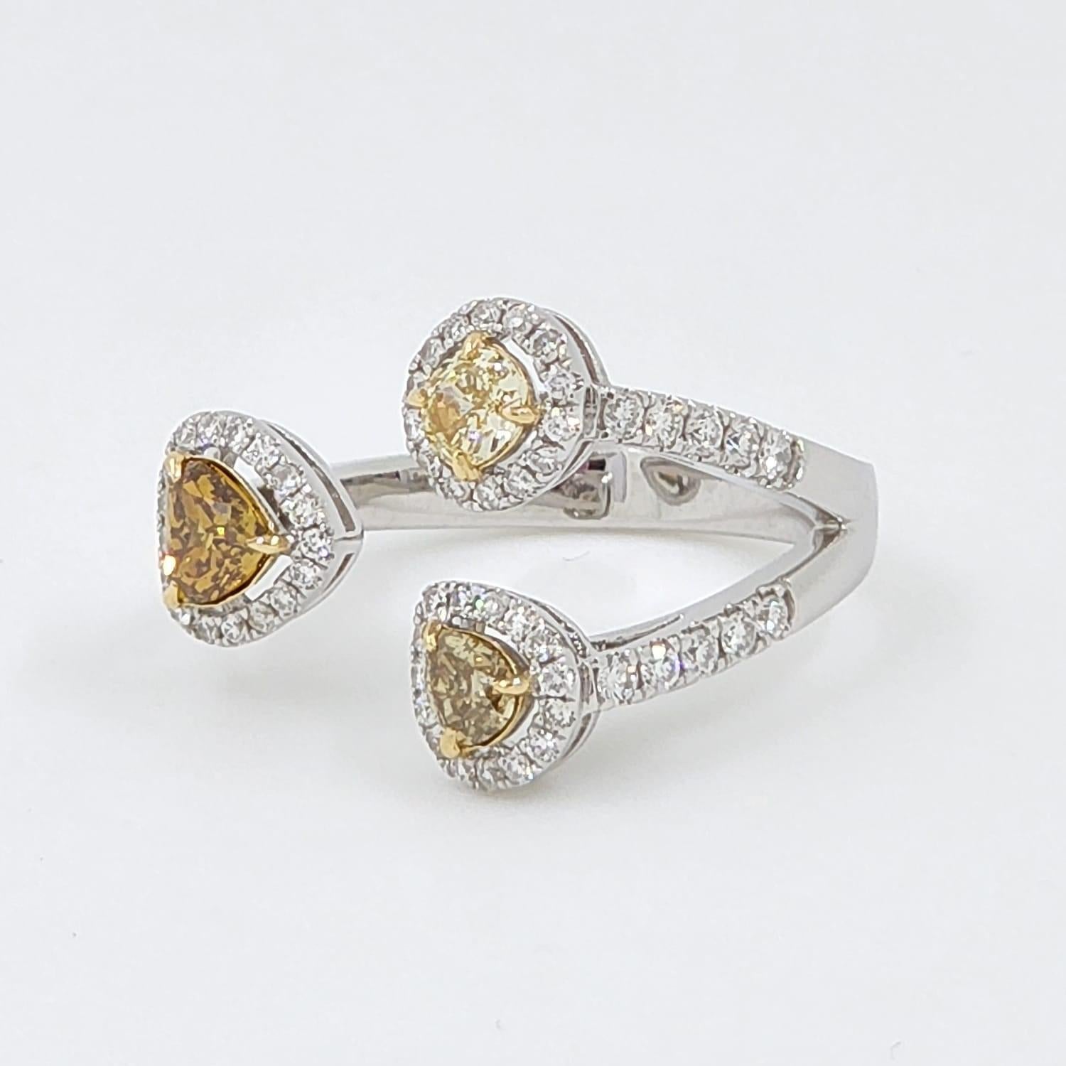 Pear Cut Fancy Color Diamond and Round Diamond Ring in 18K Gold For Sale
