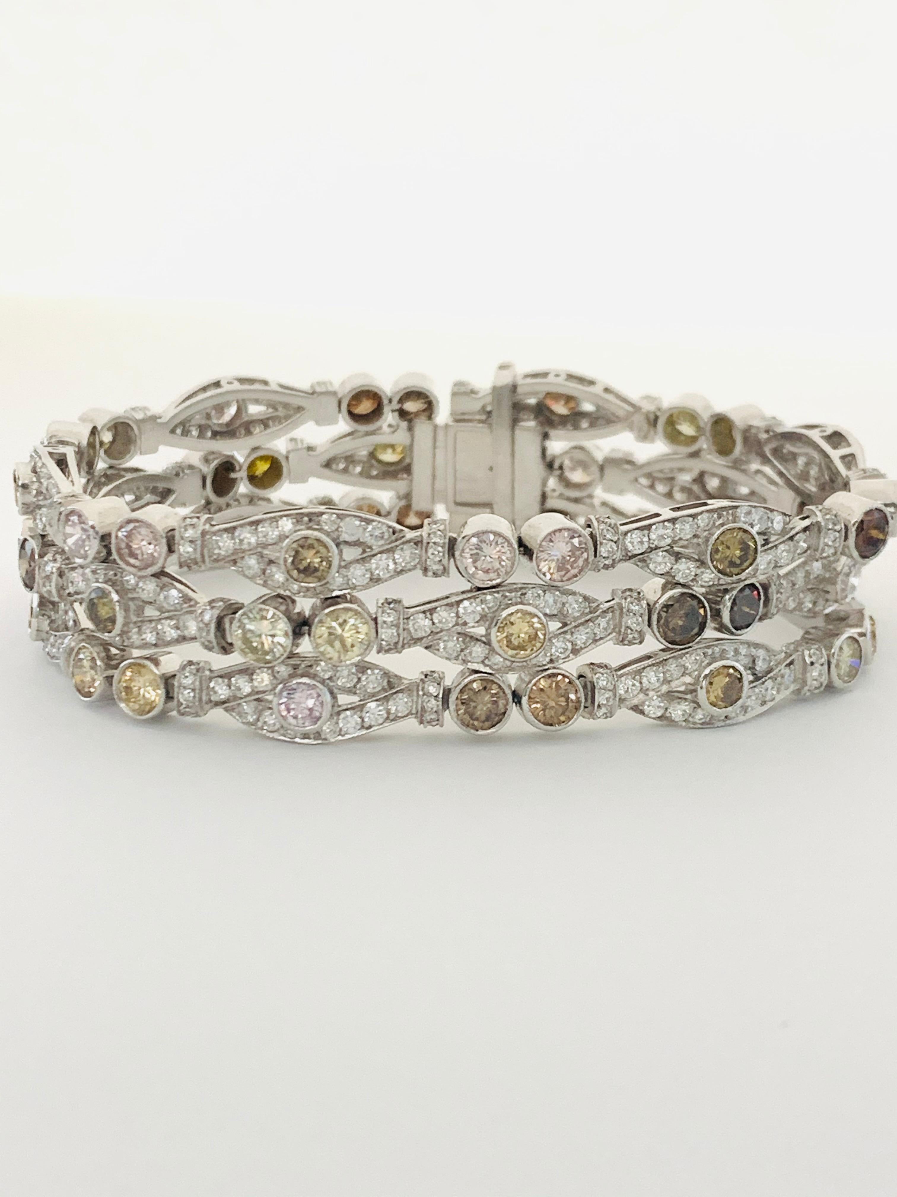 Round Cut Fancy Color Diamond and White Diamond Bracelet in Platinum For Sale