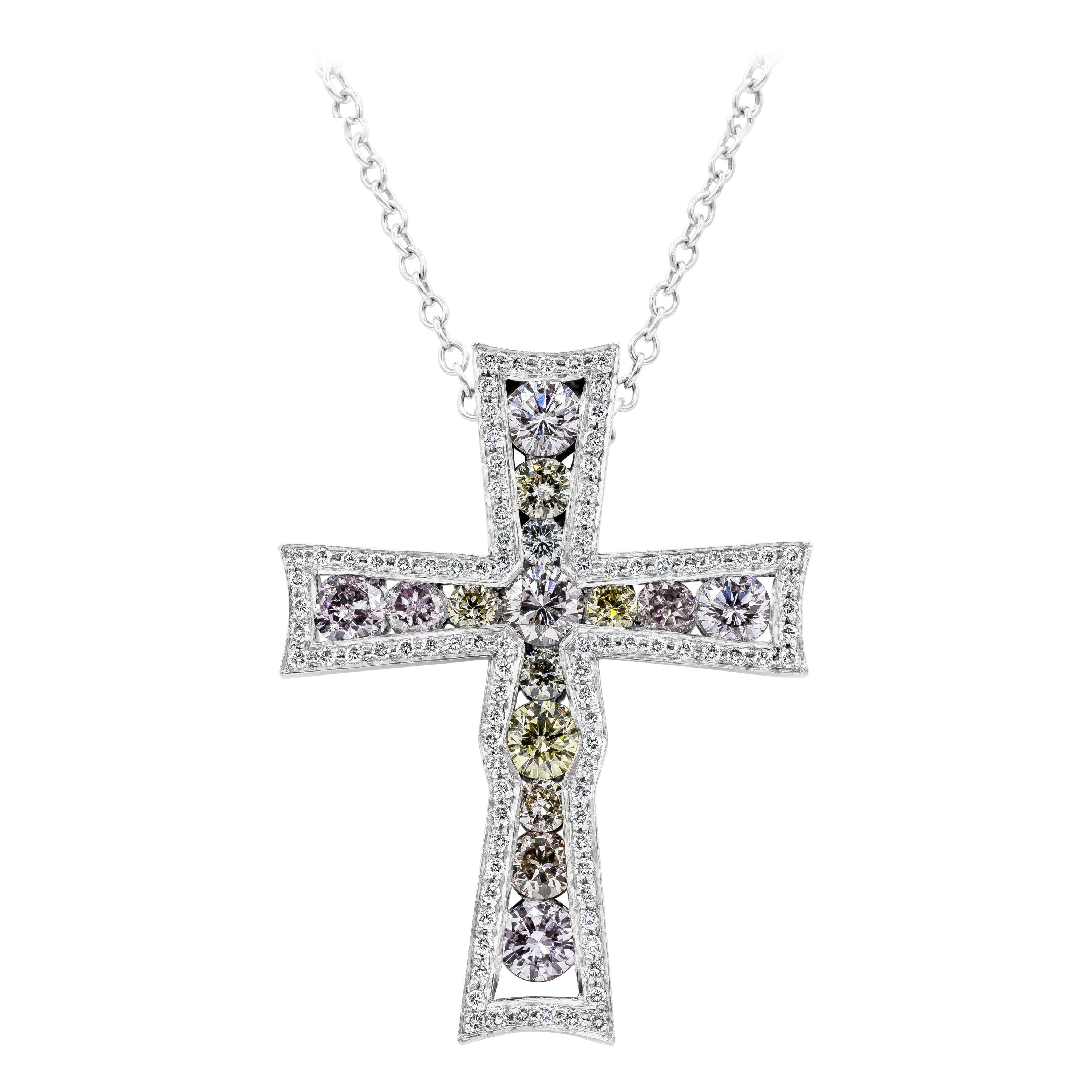 2.44 Carats Total Brilliant Round Diamonds Bezel Cross Religious Pendant Necklac For Sale