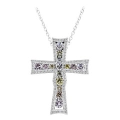 2.44 Carats Total Brilliant Round Diamonds Bezel Cross Religious Pendentif Necklac