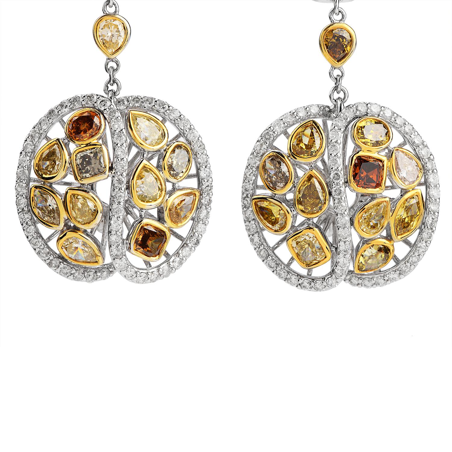 Mixed Cut 5.10 carats Fancy Color Diamond Dangel Drop Gold Earrings